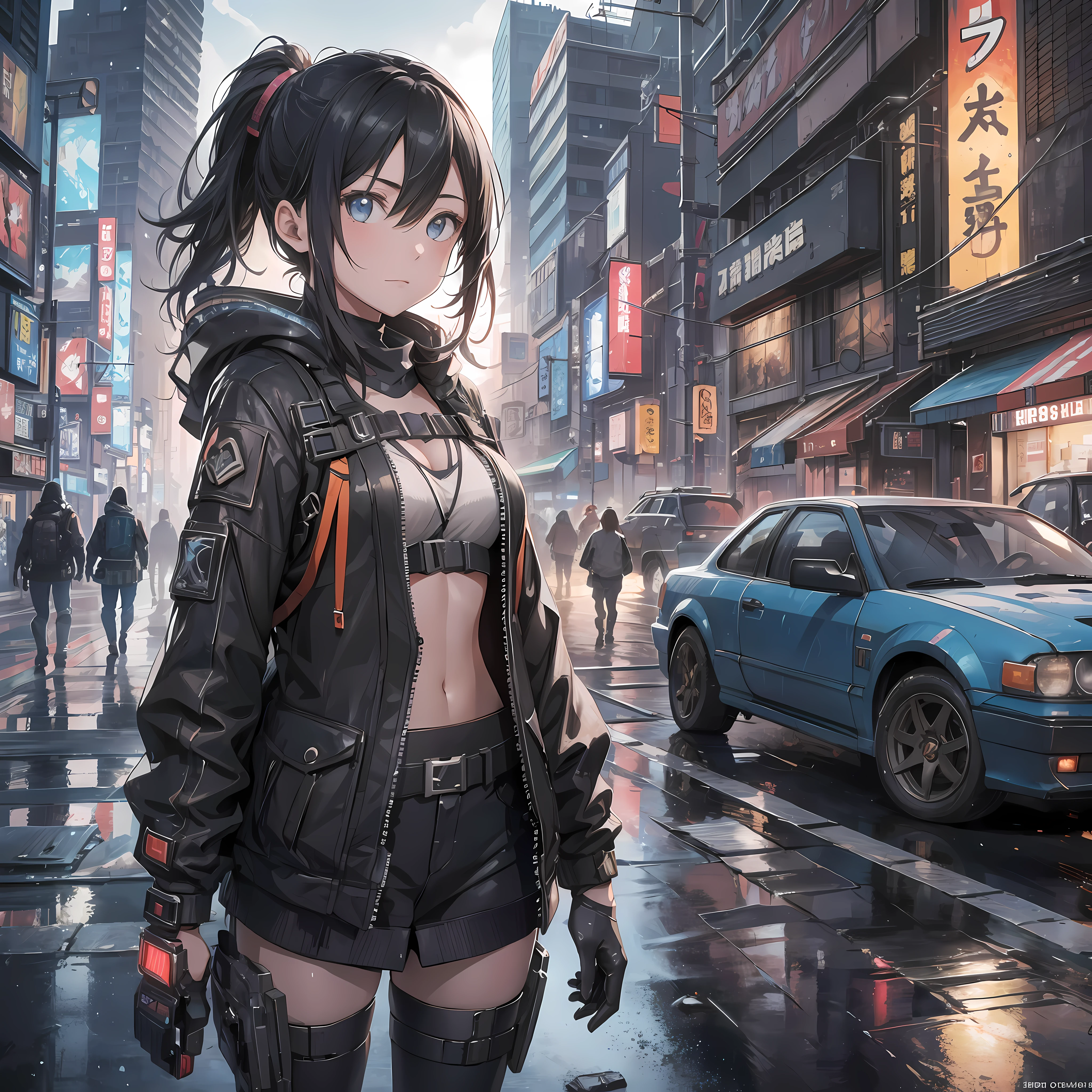 Absurd, High resolution, Ultra detailed, (1Girl:1.3), Image of a girl walking down the street, Set in post-apocalyptic Tokyo, Digital concept art dystopia, Hyper-realistic Cyberpunk City, Cityscape, Hyper-realistic style, Post-apocalyptic city streets, Create an image with stroboscopic lighting with dramatic shadows, highlights and a sense of depth and volume