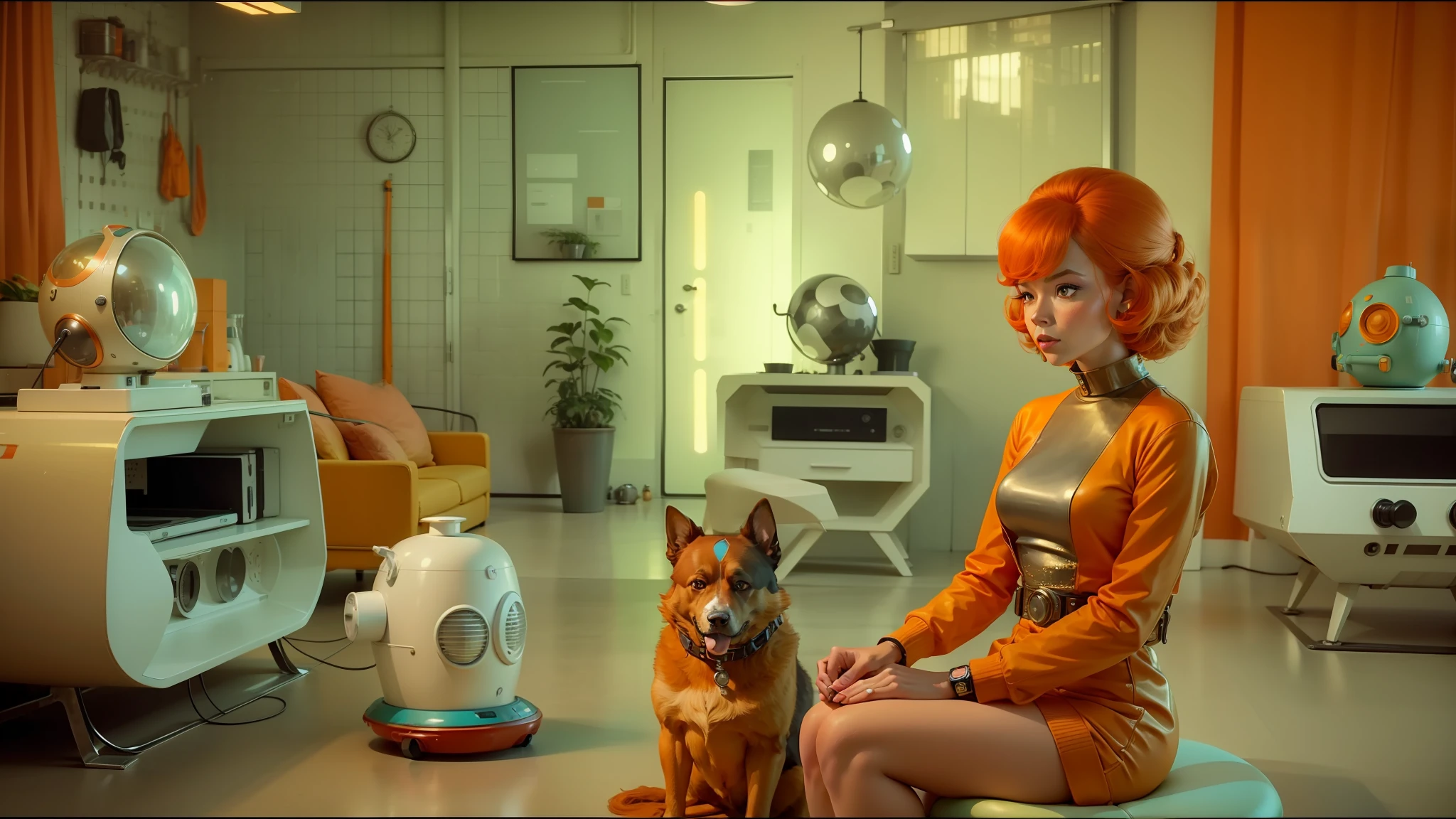 there is a woman sitting on a stool with a dog, retro futuristic apartment, framestore, orange hair, year 1968, basia tran, wanda, dreambotmothership, style of joel meyerowitz, still from film, the orville, orange and turquoise, post-nuclear, redshift, ginger