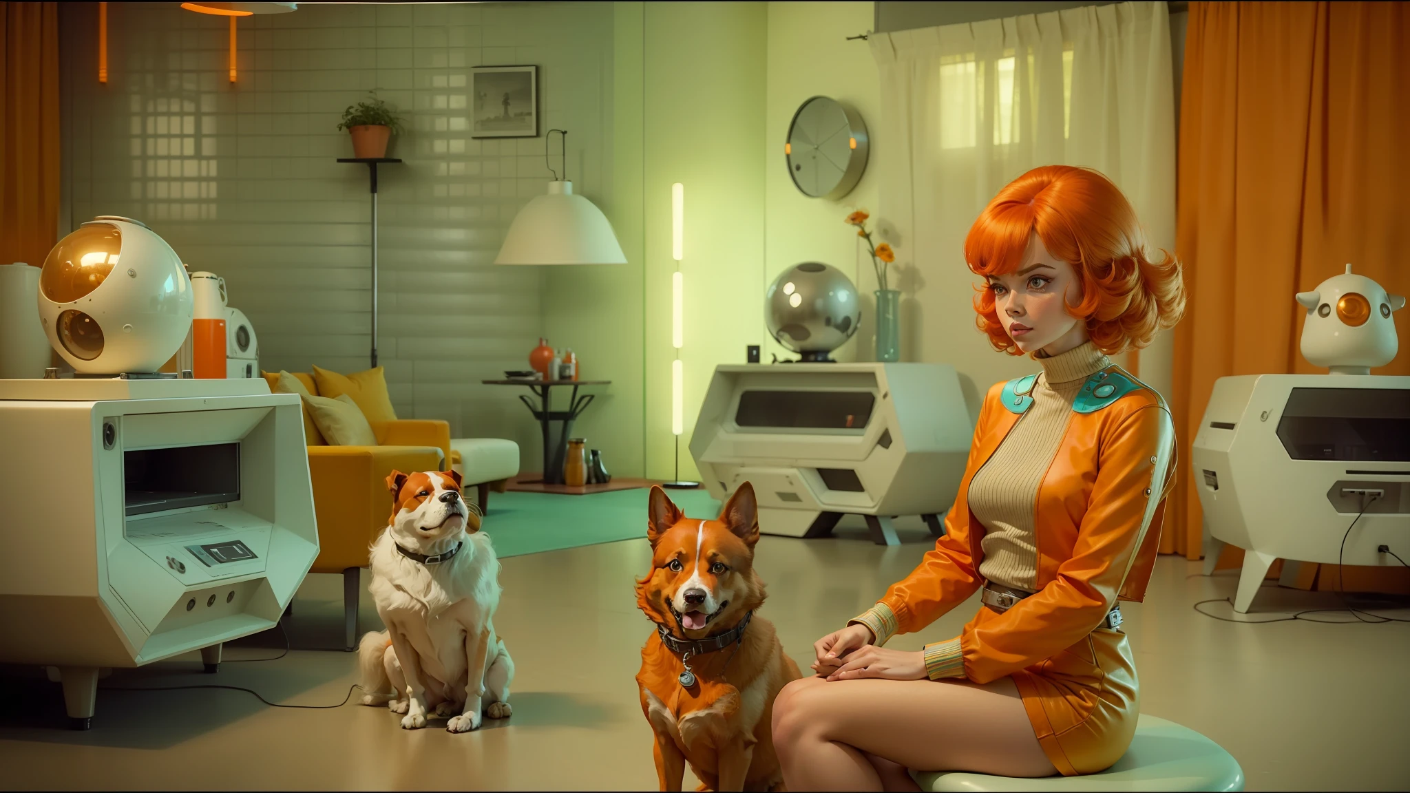 there is a woman sitting on a stool with a dog, retro futuristic apartment, framestore, orange hair, year 1968, basia tran, wanda, dreambotmothership, style of joel meyerowitz, still from film, the orville, orange and turquoise, post-nuclear, redshift, ginger
