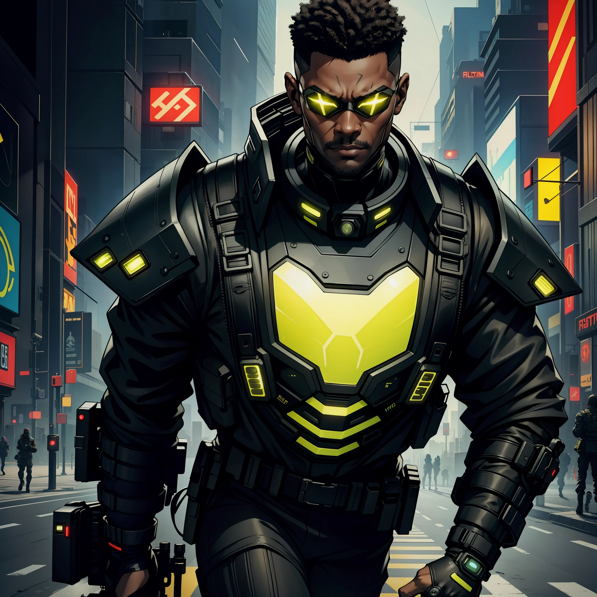 "(cyberpunk yellow and black metallic military tactical uniform:1) (1black man) dark theme :: focus on closeup face, comic face, ultra realistic futuristic cyberpunk athletic black man running at high speed through the streets with cyberpunk cars :: short black hair military cut :: cool cybernetic punk military vest :: visor covering eyes :: natural lighting :: bokeh :: 8k :: best quality :: masterpiece :: insanely detailed:1.5"