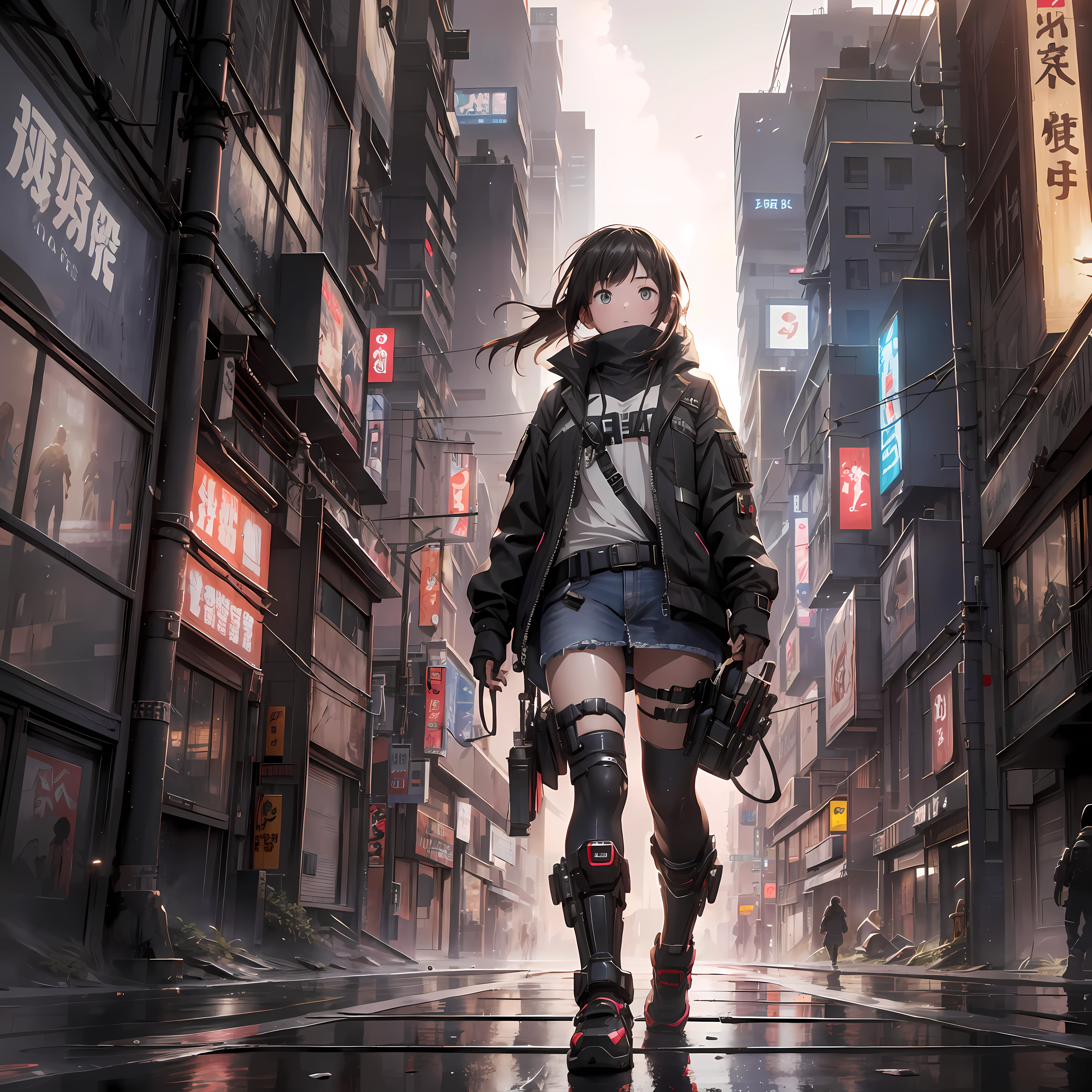 Absurd, High resolution, Ultra detailed, (1Girl:1.3), Image of a girl walking down the street, Set in post-apocalyptic Tokyo, Digital concept art dystopia, Hyper-realistic Cyberpunk City, Cityscape, Hyper-realistic style, Post-apocalyptic city streets, Create an image with stroboscopic lighting with dramatic shadows, highlights and a sense of depth and volume