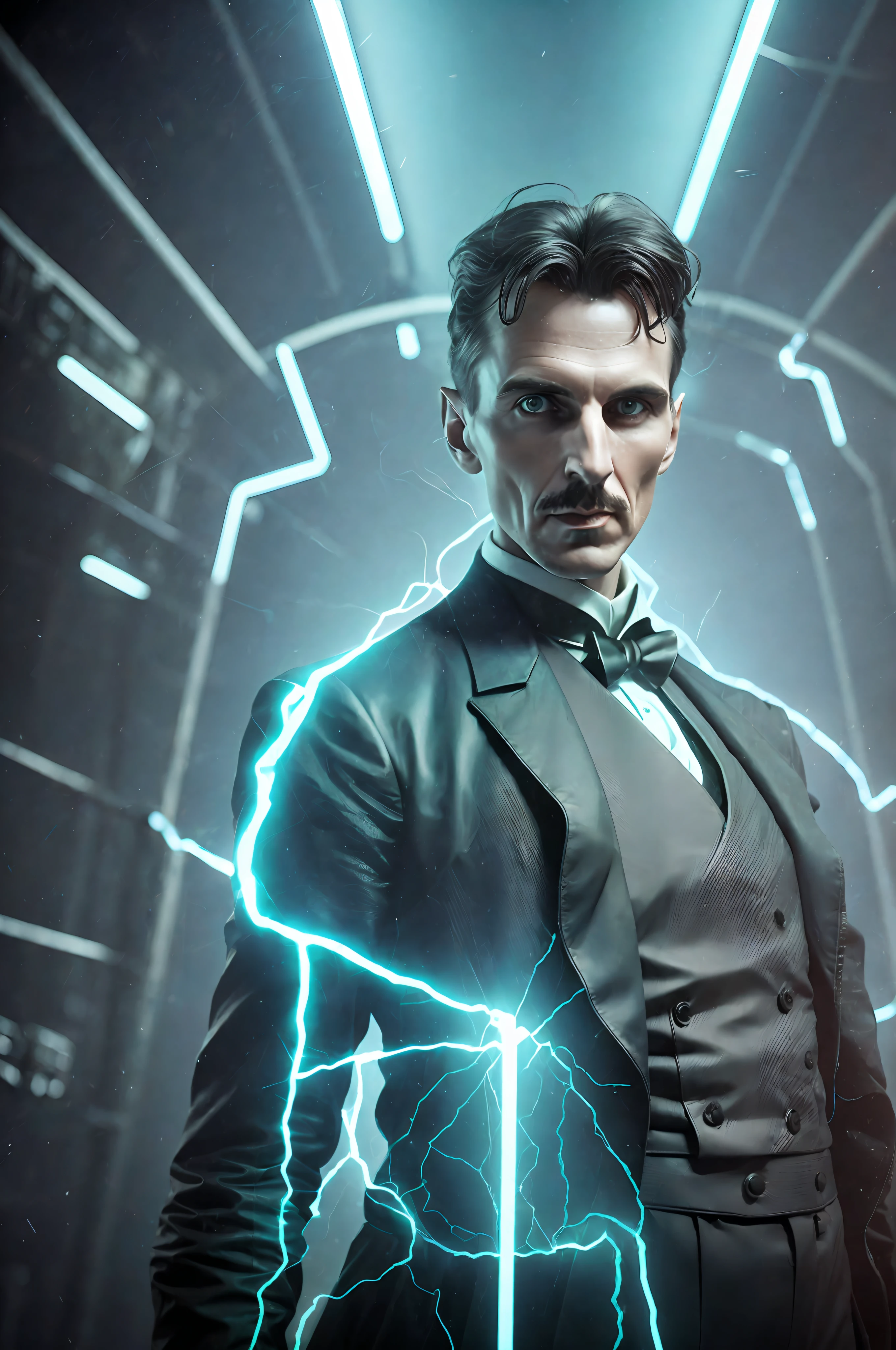 Portrait of an award-winning photo of Nikola Tesla posing in a dark studio, (rim lighting,: 1.4) two-tone lighting, sharp focus, teal hue, octane, unreal, dimly lit, low key,