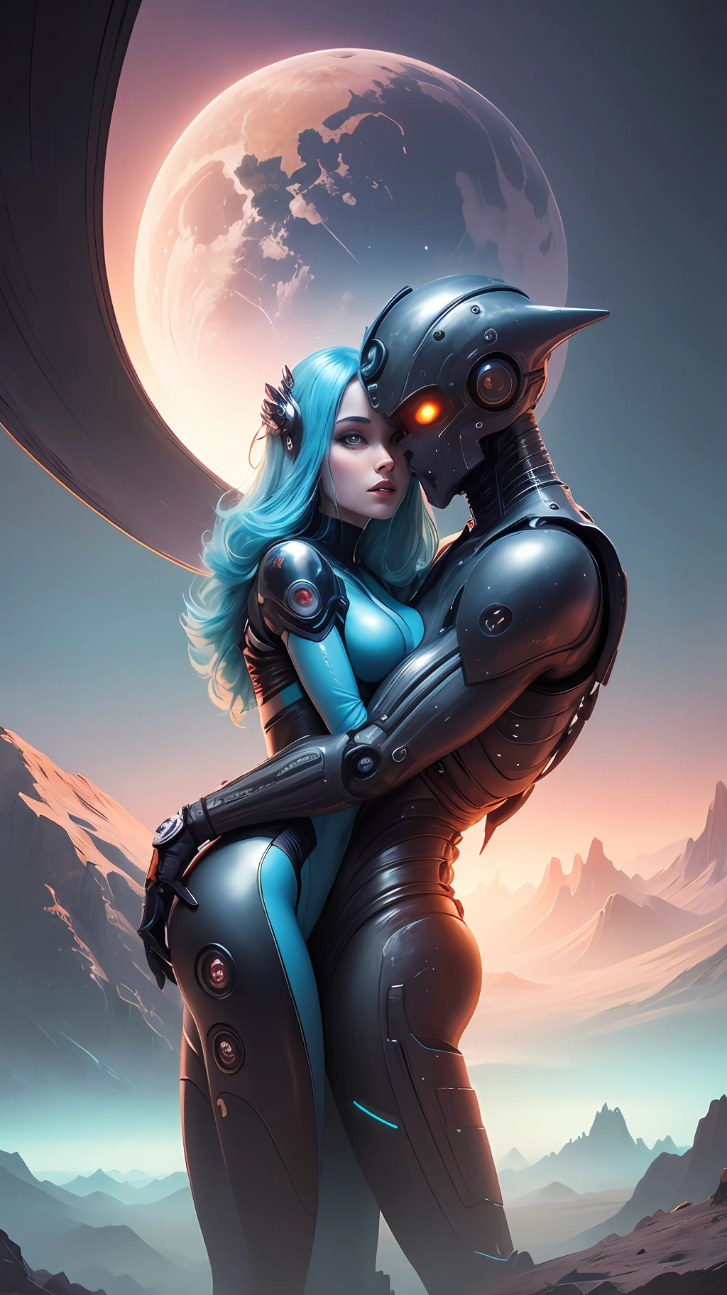 Beautiful alien landscape, 4k quality, super detail, cyborg girl and cyborg guy hugging on top of the world, court planet, unusual color combination, fantasy art, science fiction art, love, friendship, hugs
