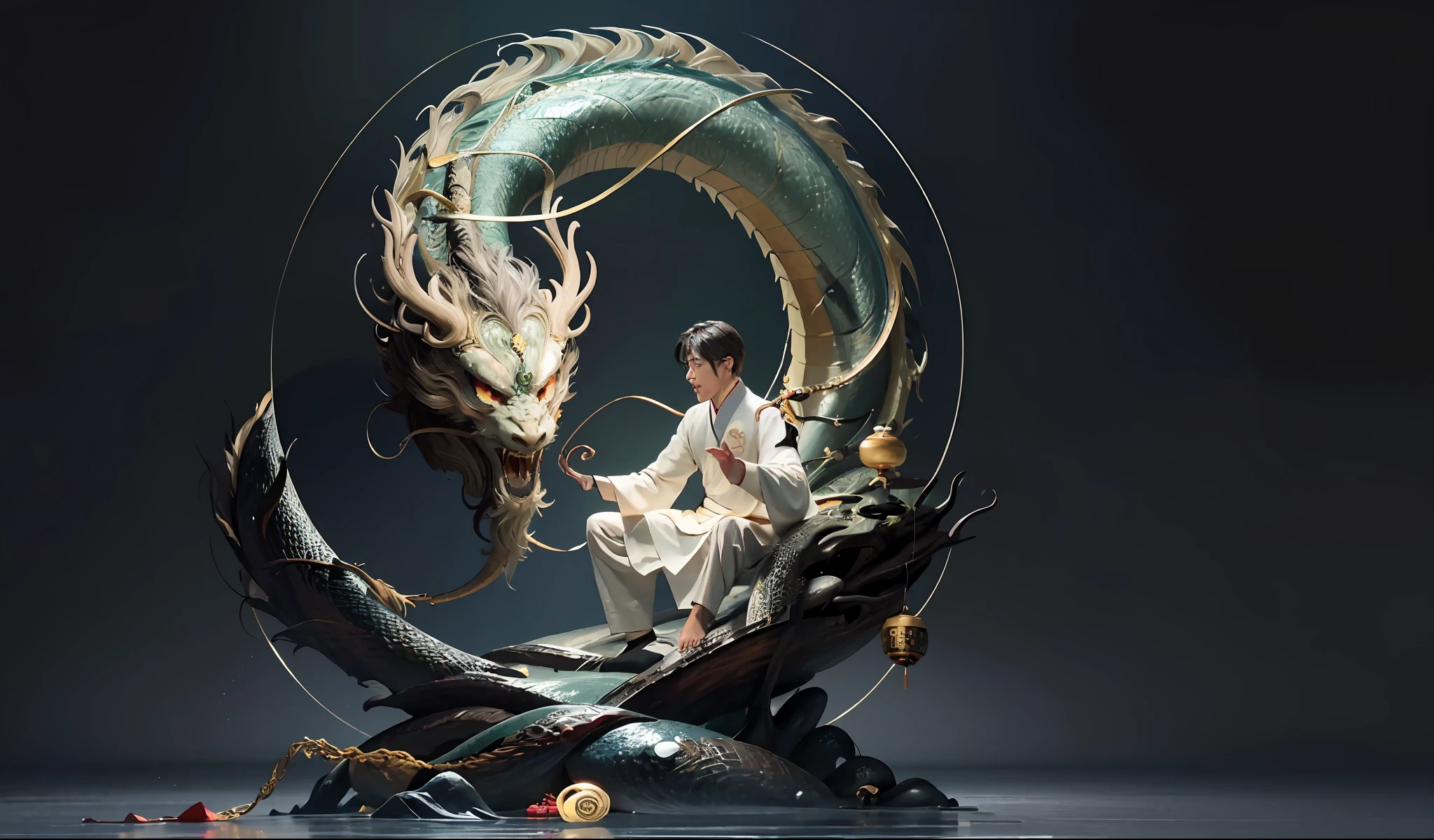 (harmony, balance, yin and yang), Chinese silk painting, Tai Chi principles, fluid movement, interrelated elements, interplay of contrasting forces, Taoist philosophy, touches of the I Ching, warm and cool tones, art of reflection, inspiration by Laozi, Zhuangzi, Yin-Yang Diagram, Tai Chi Diagram, Bagua Diagram, Unity of Spirit and Body, 1 attractive boy, ultra realistic face, highly detailed eyes, Solo, Taoism, Summoning Magic, Movie Lighting, Fire and Ice Split, Bagua Background, Circle Bagua, Yiyang, Taoist Practice, Meditation Sitting, Buddha Sitting, Spiral Dragon, Top Cloud Dragon,