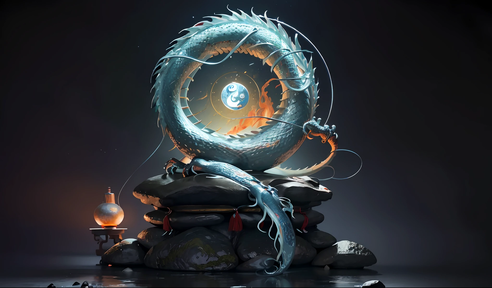 (harmony, balance, yin and yang), Chinese silk painting, Tai Chi principles, fluid movement, interrelated elements, interplay of contrasting forces, Taoist philosophy, touches of the I Ching, warm and cool tones, art of reflection, inspiration by Laozi, Zhuangzi, Yin-Yang Diagram, Tai Chi Diagram, Bagua Diagram, Unity of Spirit and Body, 1 attractive boy, ultra realistic face, highly detailed eyes, Solo, Taoism, Summoning Magic, Movie Lighting, Fire and Ice Split, Bagua Background, Circle Bagua, Yiyang, Taoist Practice, Meditation Sitting, Buddha Sitting, Spiral Dragon, Top Cloud Dragon,