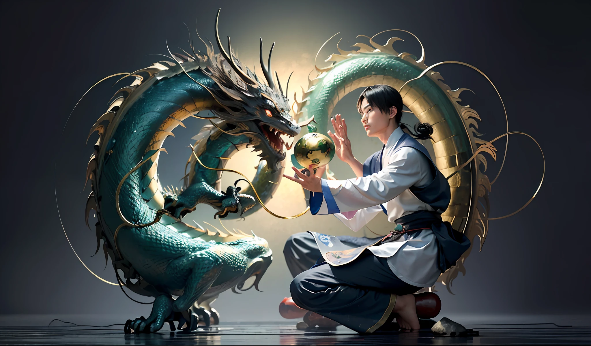 (harmony, balance, yin and yang), Chinese silk painting, Tai Chi principles, fluid movement, interrelated elements, interplay of contrasting forces, Taoist philosophy, touches of the I Ching, warm and cool tones, art of reflection, inspiration by Laozi, Zhuangzi, Yin-Yang Diagram, Tai Chi Diagram, Bagua Diagram, Unity of Spirit and Body, 1 attractive boy, ultra realistic face, highly detailed eyes, Solo, Taoism, Summoning Magic, Movie Lighting, Fire and Ice Split, Bagua Background, Circle Bagua, Yiyang, Taoist Practice, Meditation Sitting, Buddha Sitting, Spiral Dragon, Top Cloud Dragon,