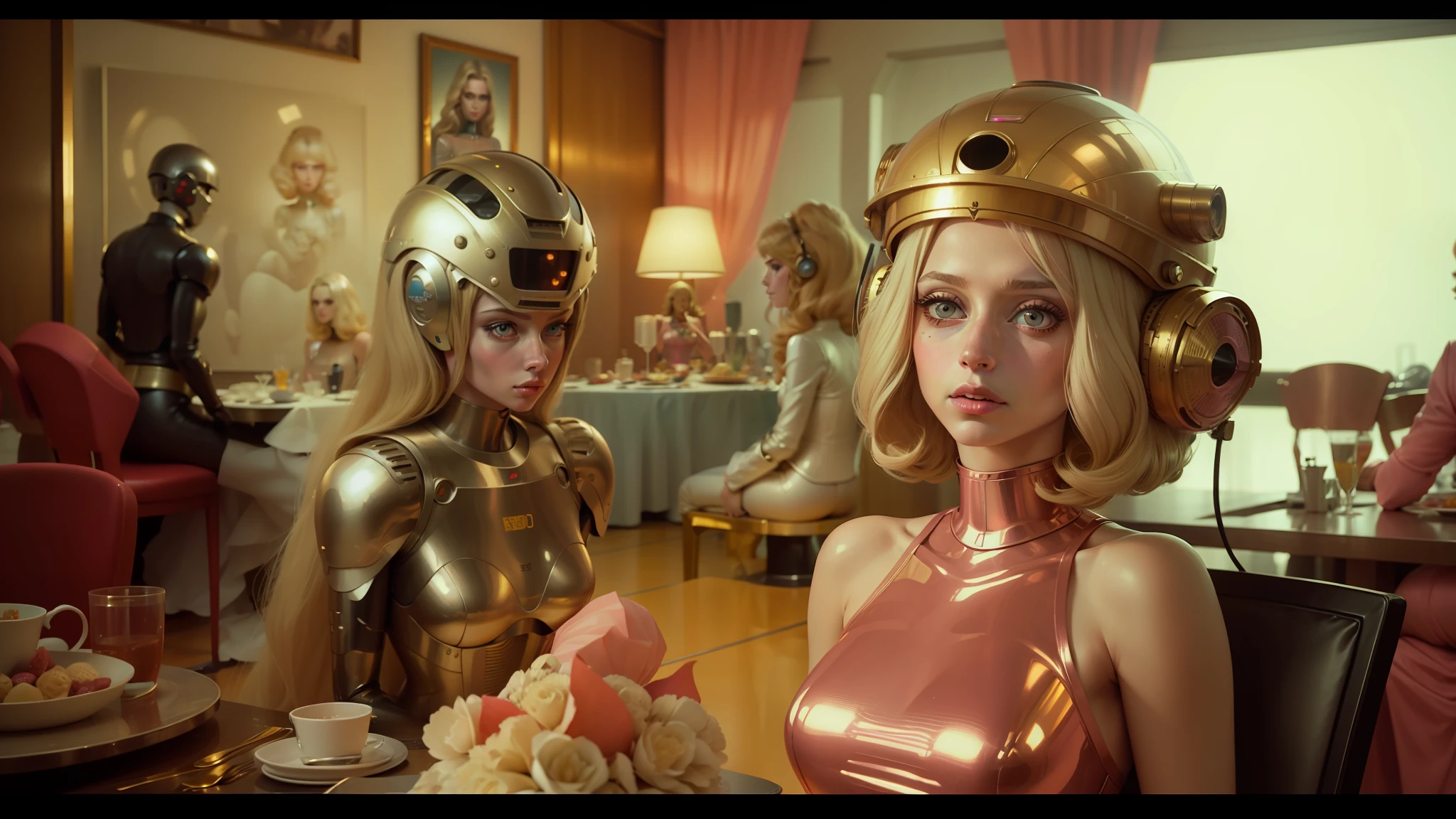 blond haired woman in a pink dress with a robot helmet on, angela sarafyan, shot on arri alexa, inspired by Laurie Lipton, portrait of katy perry, in style of pop - art, by Trevor Brown, outer worlds, gold body, barbarella, mistress, dining table, perfume
