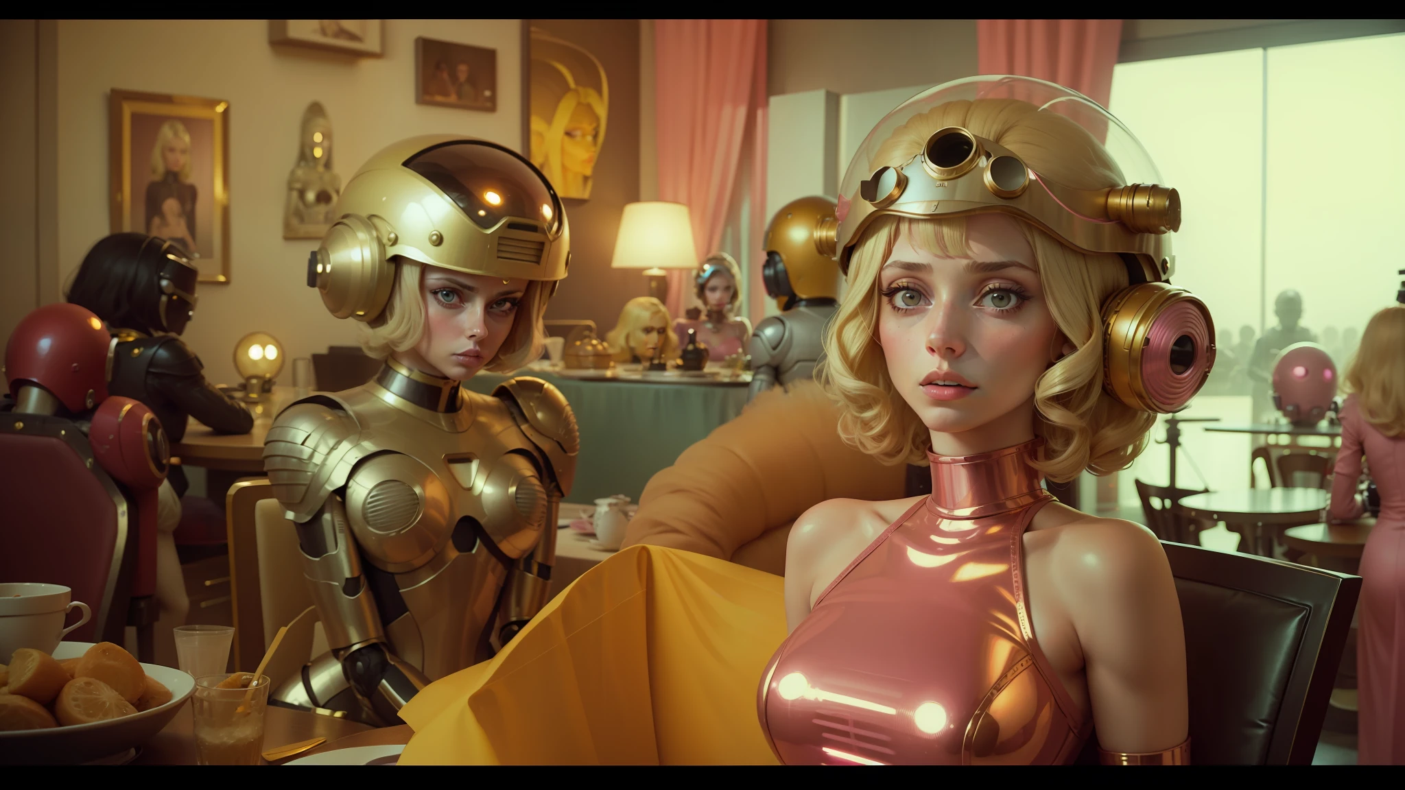 blond haired woman in a pink dress with a robot helmet on, angela sarafyan, shot on arri alexa, inspired by Laurie Lipton, portrait of katy perry, in style of pop - art, by Trevor Brown, outer worlds, gold body, barbarella, mistress, dining table, perfume