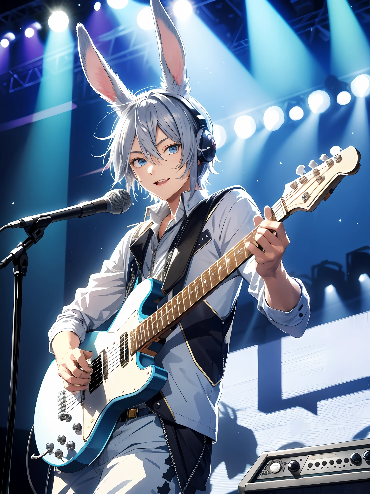illustration, cute boy, silver-haired blue-eyed rabbit ears, fantasy bunny suit, rock, concert, sweat, microphone, guitar solo rabbit, rabbit ears, rabbit