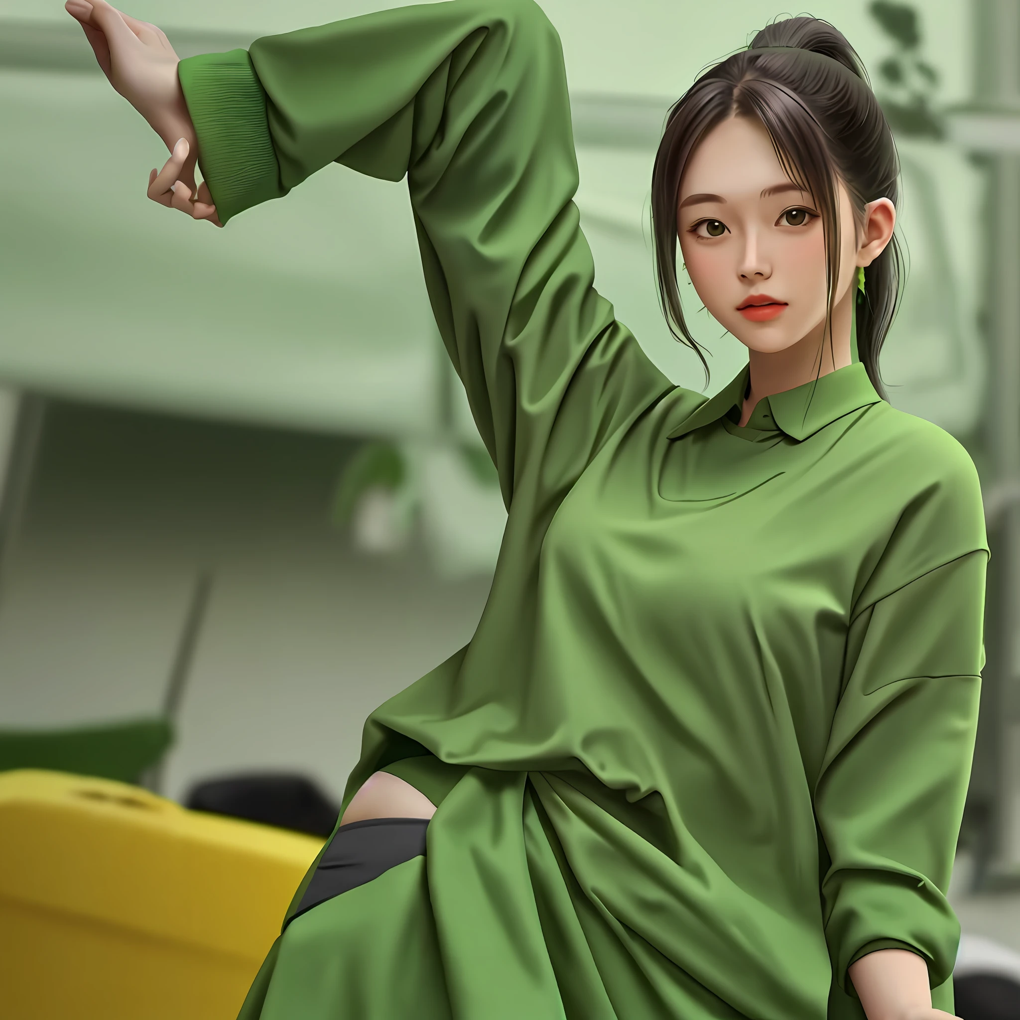 Young girl, green clothes, ponytail