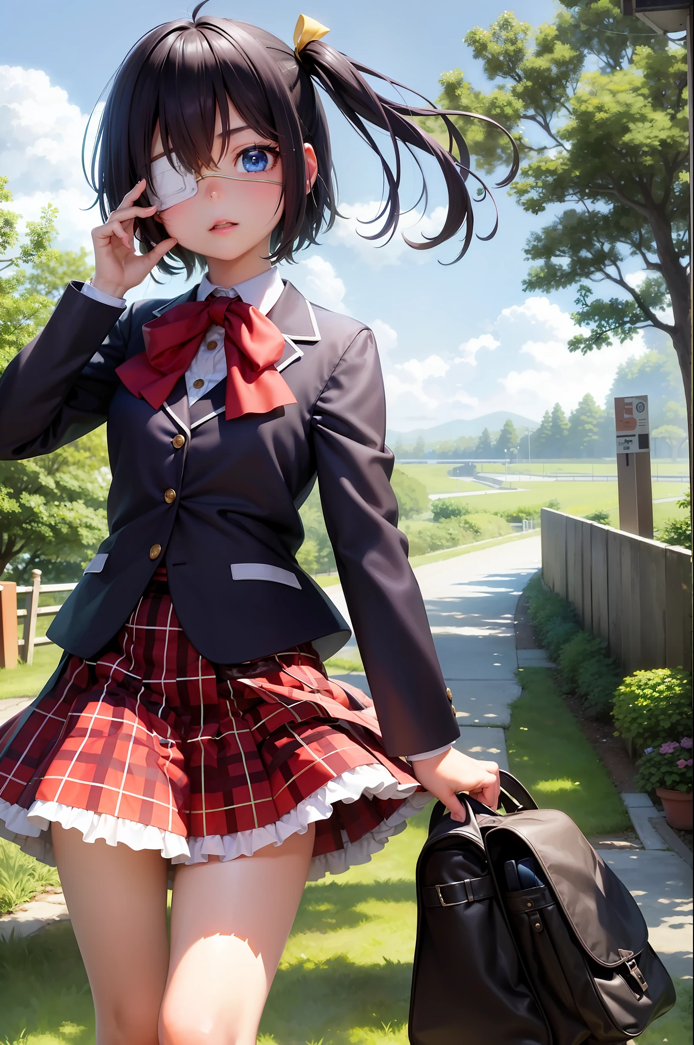 (Masterpiece, Best Quality: 1.2), Cowboy Shot, Solo, One Girl, Rikka Takanashi, Expressionless, Watch Viewer, Skirt Folded Up Panties,(( Panty))Panties to Viewer,One Side Up, Ahoge, Blue Eyes, Medical Eye Patch, School Uniform, Jacket, Plaid Skirt