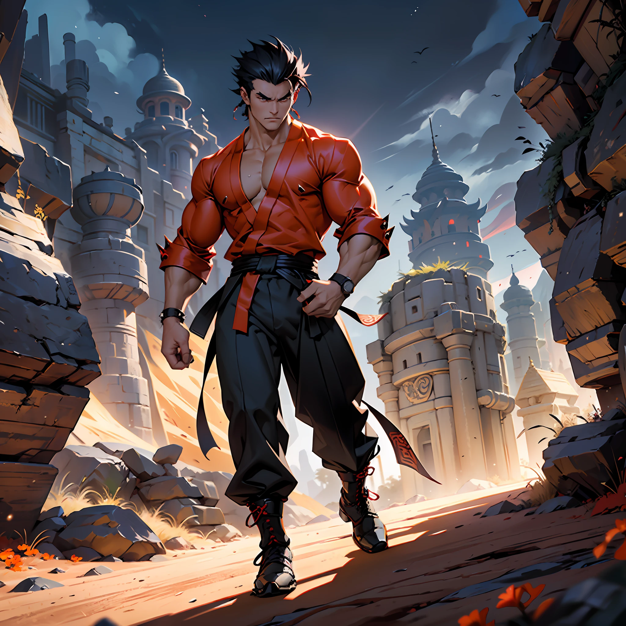 Muscular man, defined body, developed physique, kung fu fighter, red blouse with buttons, long black pants of black color, black belt at the waist, spiky hair, short black colored hair, kung fu shoes, look of tiredness, walking through a desert valley at night, medieval scenery, fantasy, walking alone, eyes with orange iris.