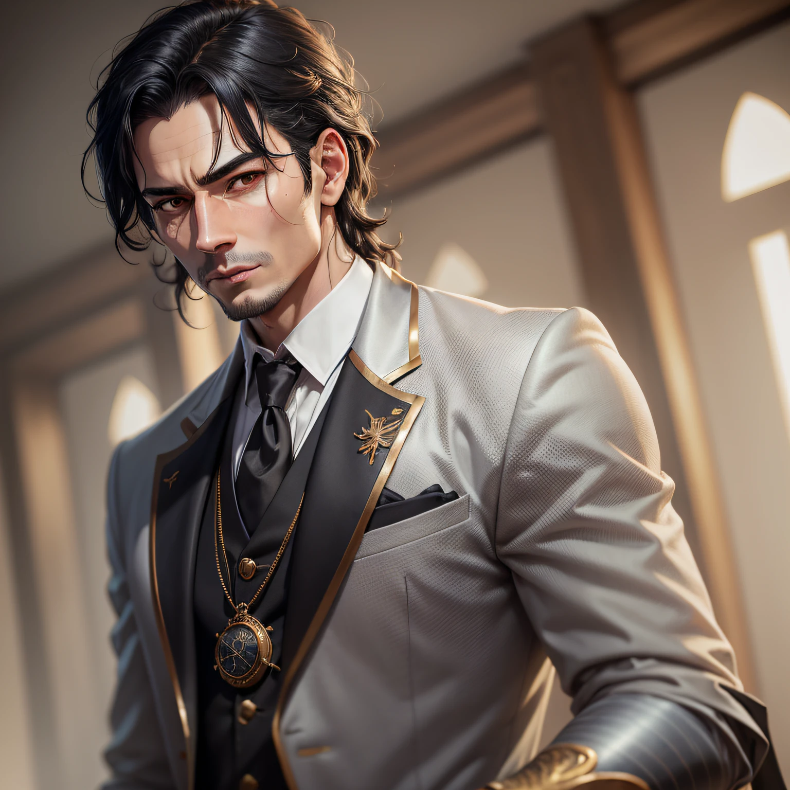 (Detailed description) Ultra Realistic, 4K, High Quality, Gentleman, Dirty Black Hair, Swordsman, Dirty White Skin, Black Eyes, Elegant, Highly Detailed, Single, Formal Clothing, Golden Pocket Watch --auto --s2