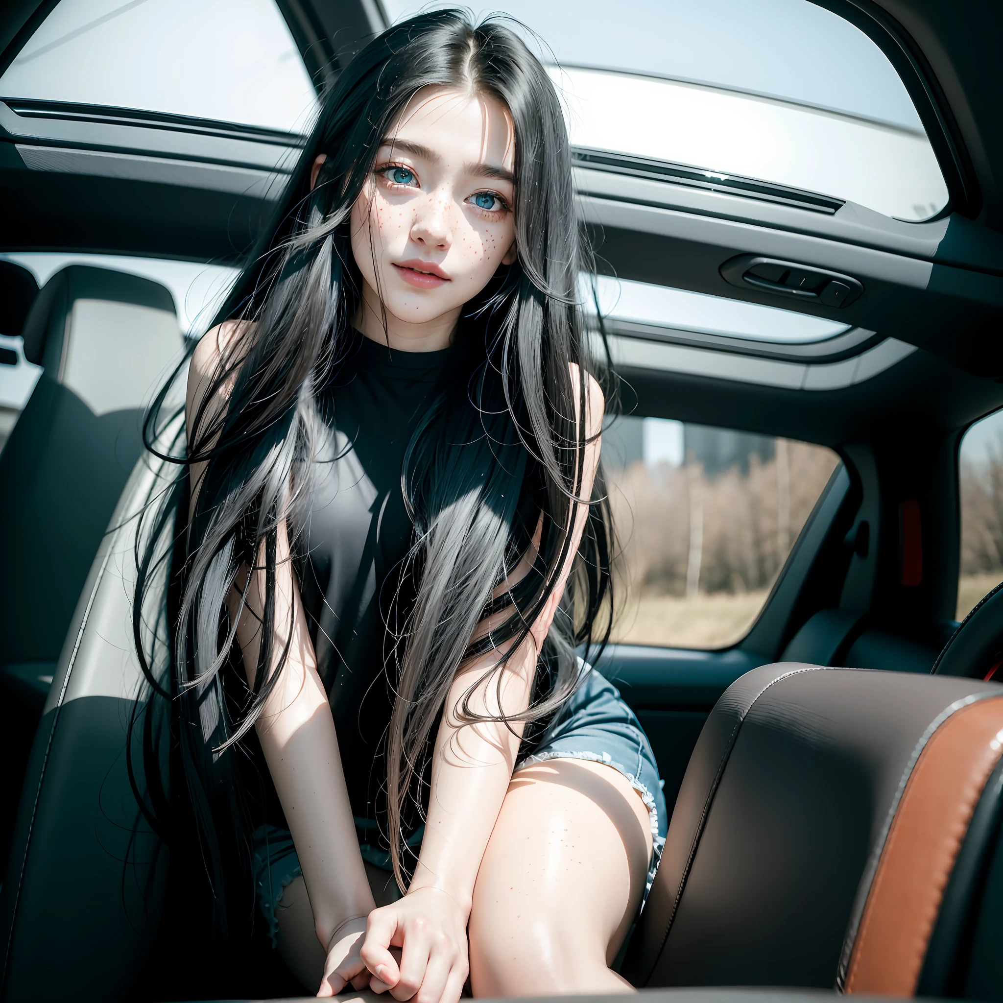 RAW photo, dynamic angle, highly detailed, soft light, 1girl, , full body, pale skin, korean, 20 years old, cold smile, black shirt, black pants, long black hair, bright blue eyes, freckles, head tilted, side to sport car, 8k, masterpiece