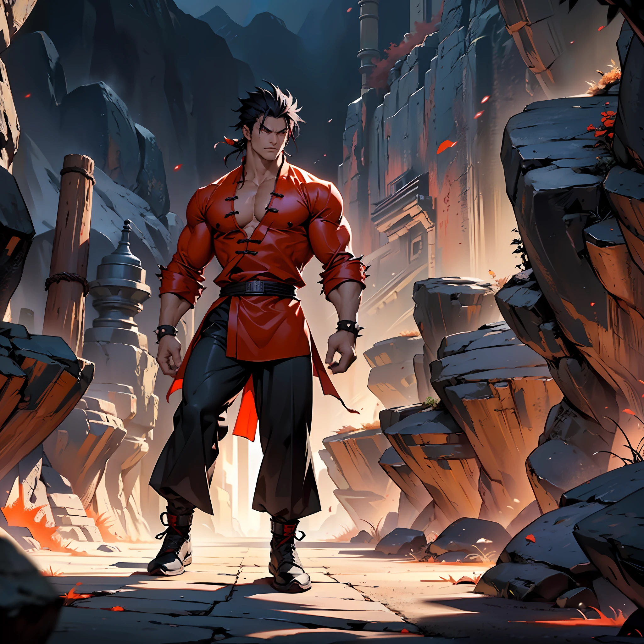 Muscular man, defined body, developed physique, kung fu fighter, red blouse with buttons, long black pants of black color, black belt at the waist, spiky hair, short black colored hair, kung fu shoes, look of tiredness, walking through a desert valley at night, medieval scenery, fantasy, walking alone, eyes with orange iris.