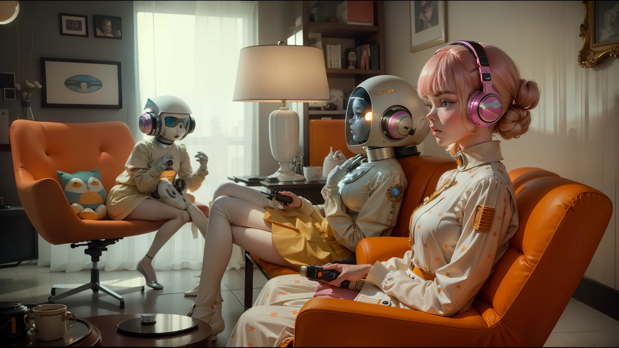 there are three mannequins sitting in a living room with orange chairs, elle fanning as an android, 1 9 6 0 s space girl, pink headphones, erwin olaf, owlship, still image from tv series, official music video, 60s, astral dress, plush, alexa mini, terminals, philip k d, by Sophie Pemberton, 1967