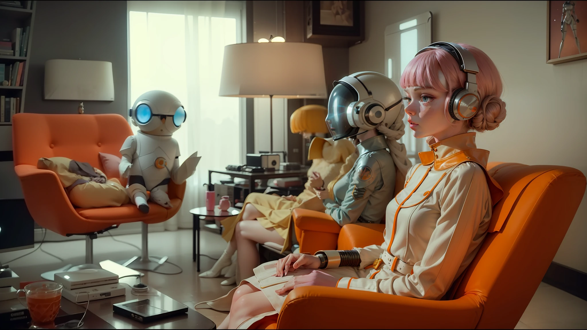 there are three mannequins sitting in a living room with orange chairs, elle fanning as an android, 1 9 6 0 s space girl, pink headphones, erwin olaf, owlship, still image from tv series, official music video, 60s, astral dress, plush, alexa mini, terminals, philip k d, by Sophie Pemberton, 1967