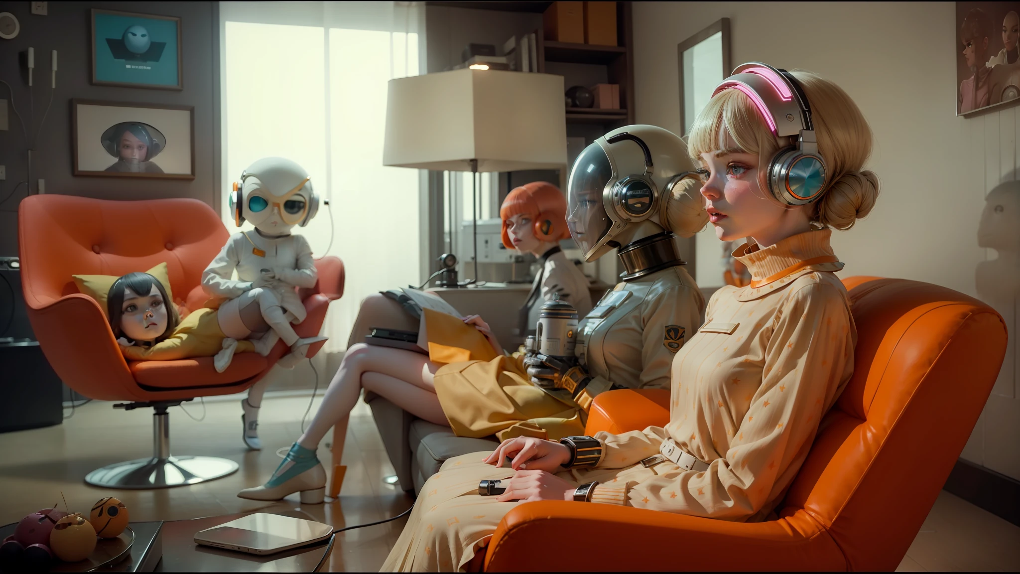 there are three mannequins sitting in a living room with orange chairs, elle fanning as an android, 1 9 6 0 s space girl, pink headphones, erwin olaf, owlship, still image from tv series, official music video, 60s, astral dress, plush, alexa mini, terminals, philip k d, by Sophie Pemberton, 1967