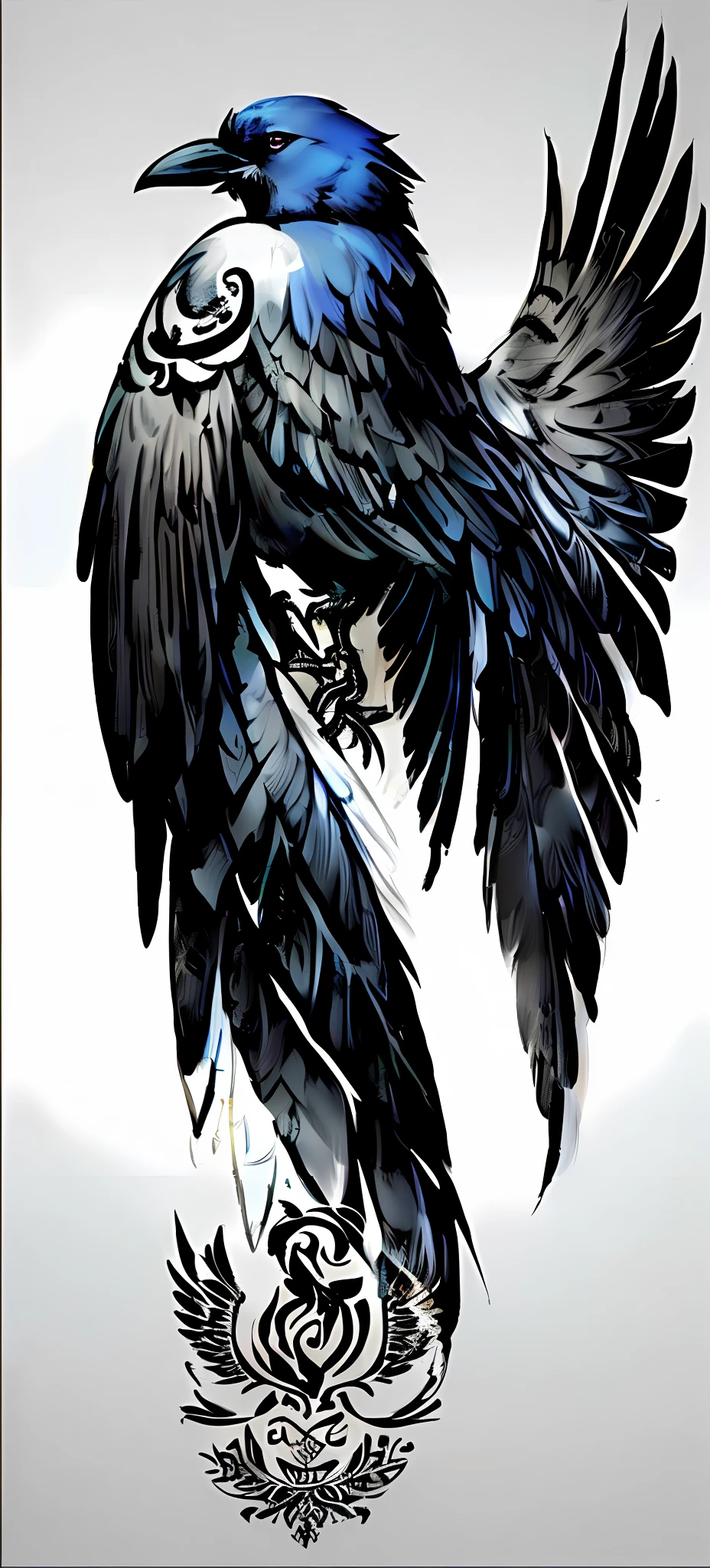 a drawing of a raven with a crescent on its head, tattoo of a california scrub jay, detailed wings, forearm tattoo, bird tattoo, with wings. ultra-detailed, concept tattoo design, tattoo design, 3 d design for tattoo, detailed feathers, black and white ink ', bird wings, ink style, detailed crow illustration, tattoo design sketch
