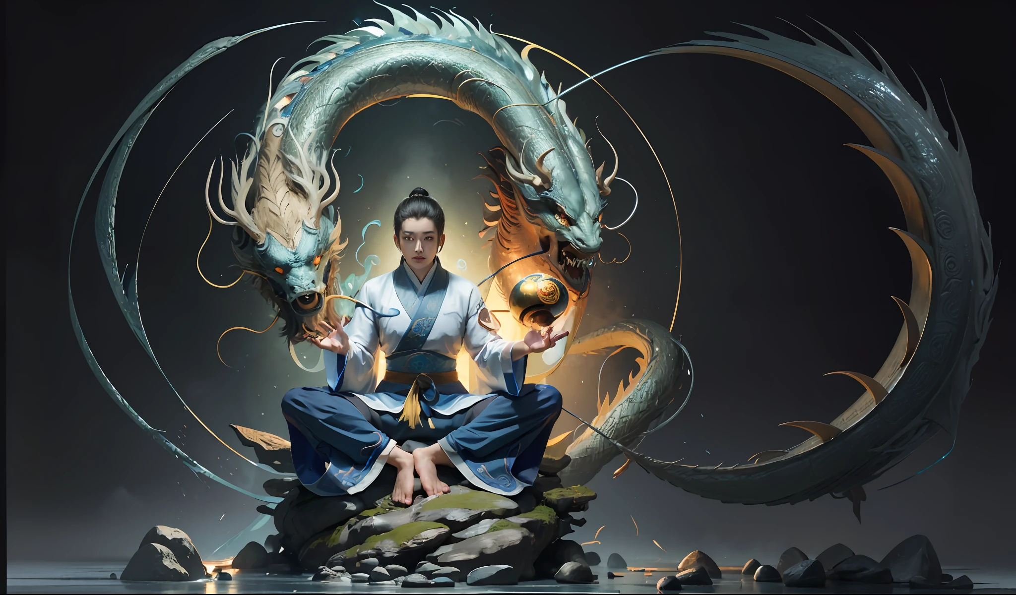(harmony, balance, yin and yang), Chinese silk painting, Tai Chi principles, fluid movement, interrelated elements, interplay of contrasting forces, Taoist philosophy, touches of the I Ching, warm and cool tones, art of reflection, inspiration by Laozi, Zhuangzi, Yin-Yang Diagram, Tai Chi Diagram, Bagua Diagram, Unity of Spirit and Body, 1 attractive boy, 1 girl, ultra realistic face, highly detailed eyes, Solo, Taoism, Summoning Magic, Movie Lighting, Fire and Ice Split, Bagua Background, Circle Bagua, Yiyang, Taoist Practice, Meditation Sitting, Buddha Sitting, Spiral Dragon, Top Cloud Dragon,
