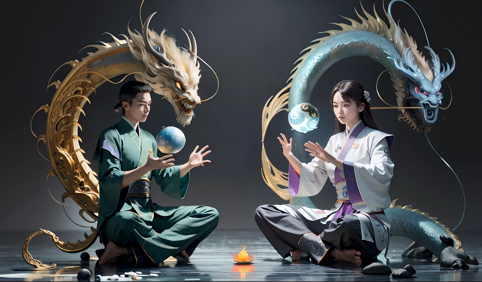 (harmony, balance, yin and yang), Chinese silk painting, Tai Chi principles, fluid movement, interrelated elements, interplay of contrasting forces, Taoist philosophy, touches of the I Ching, warm and cool tones, art of reflection, inspiration by Laozi, Zhuangzi, Yin-Yang Diagram, Tai Chi Diagram, Bagua Diagram, Unity of Spirit and Body, 1 attractive boy, 1 girl, ultra realistic face, highly detailed eyes, Solo, Taoism, Summoning Magic, Movie Lighting, Fire and Ice Split, Bagua Background, Circle Bagua, Yiyang, Taoist Practice, Meditation Sitting, Buddha Sitting, Spiral Dragon, Top Cloud Dragon,