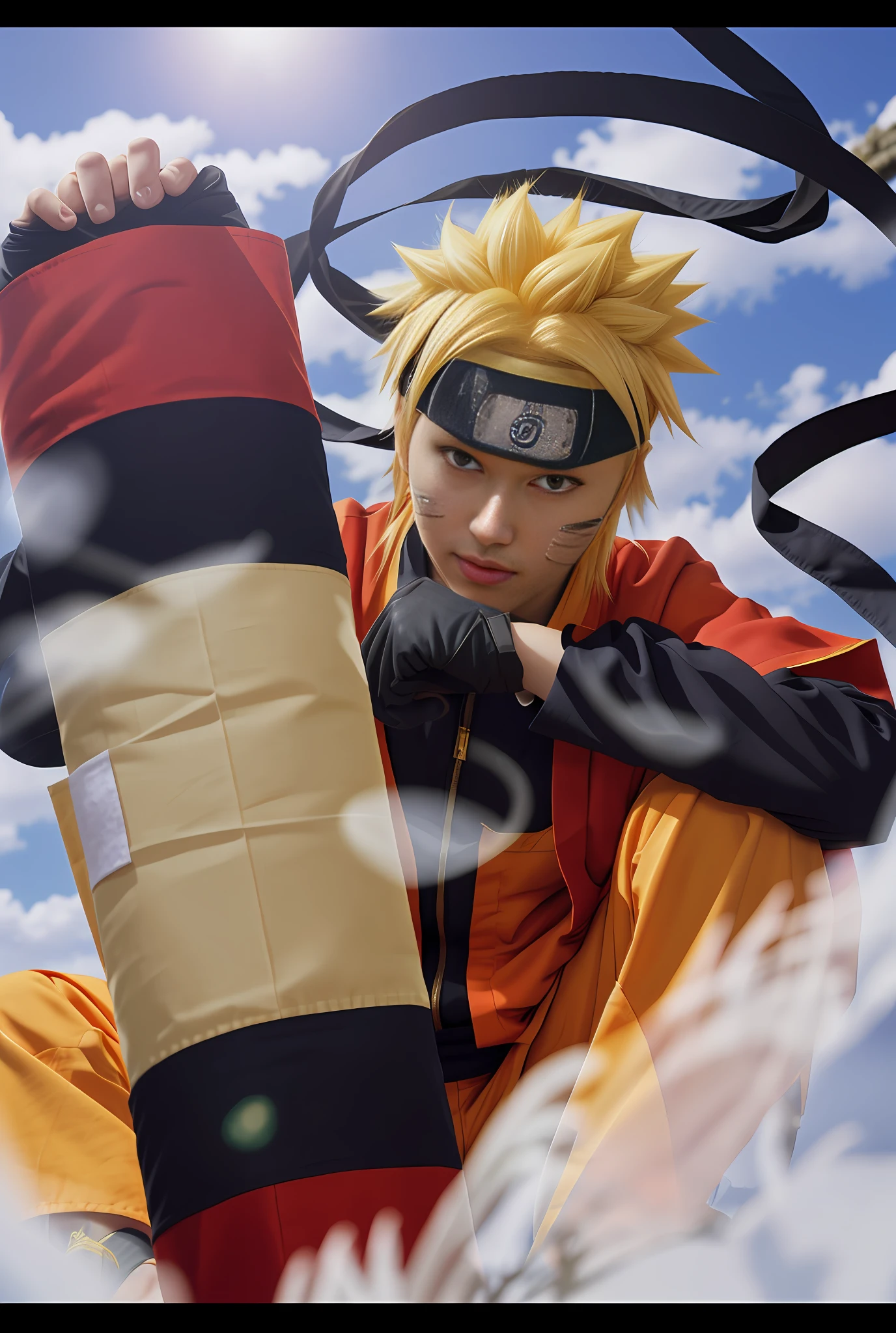 4K, Naruto, man, blonde hair, holding parchment, oriental costume, yellow eyes, bandana on forehead.