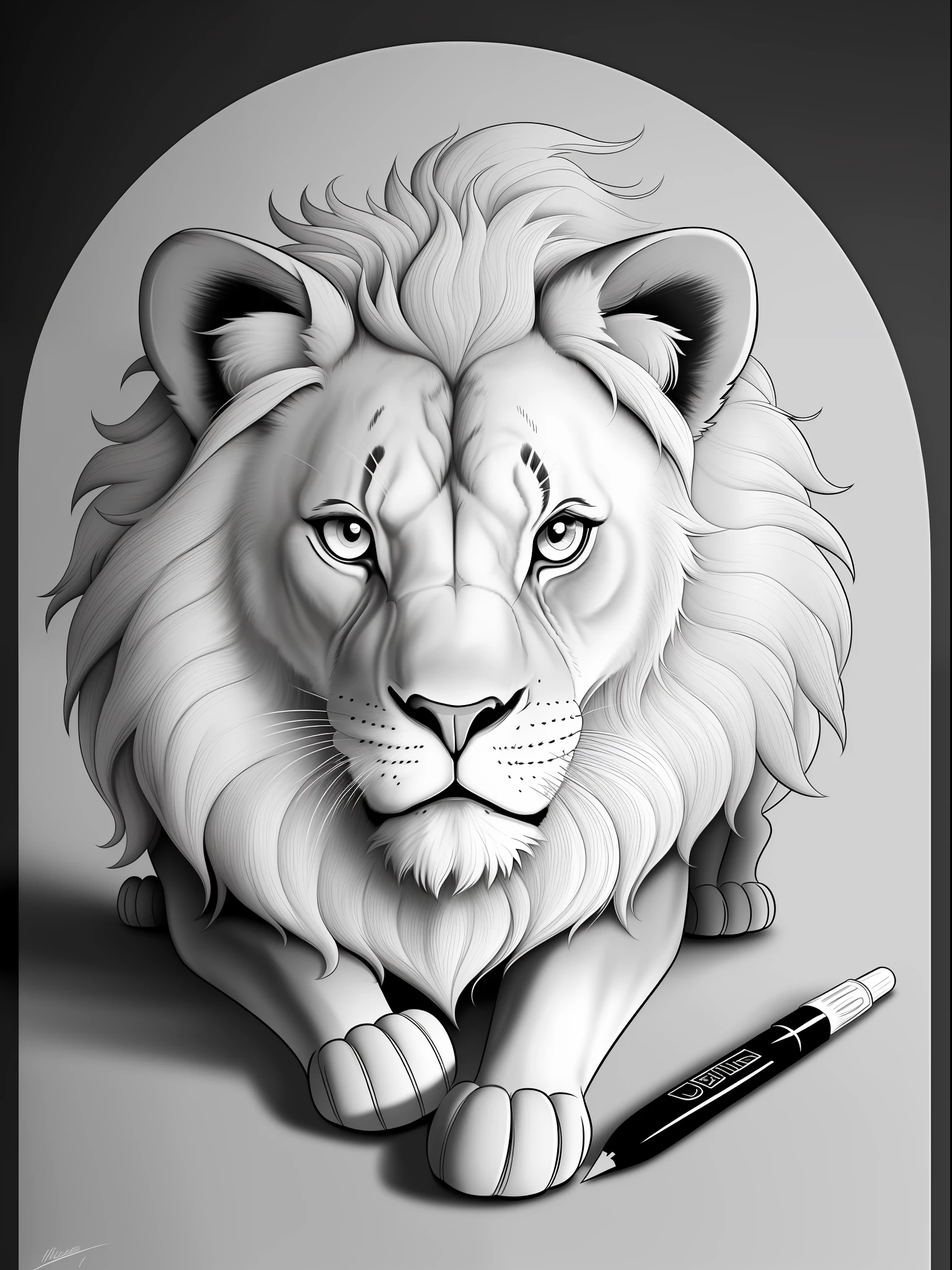 (quality:high) illustration of a playful lion, inspired by cartoon art style, with thick lines and minimalistic details. This coloring page is perfect for kids to explore their creativity. The lion is presented in black and white, with no shading and no color, to maximize the coloring experience.