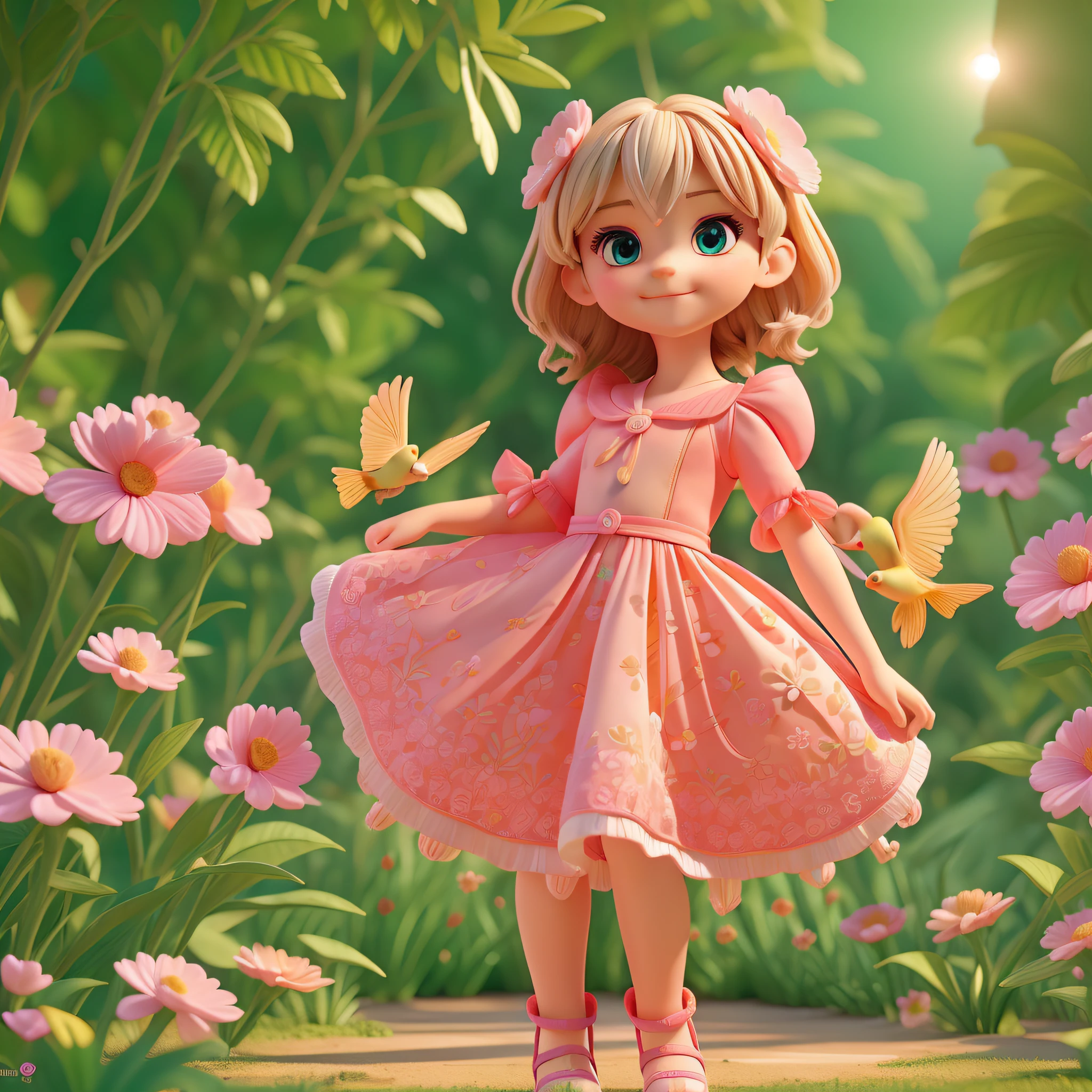 (a child, 4 years old), beautiful face, sunlight, cinematic light, beautiful child, beautiful eyes, smile, perfect anatomy, (full body), centered image, stylized, bioluminescence, full size 8, 8k resolution, pink details, human hands, full of admiration, elegant, approaching perfection, dynamic, highly detailed, character sheet, concept art, smooth, looking directly at the viewer positioned so that his body is symmetrical and balanced, Incredibly beautiful child, detailed hairstyle, full body shot, character sheet, lightning, 3d, cgi, bright neon, pink dress, flowering garden with flowers and trees, bird, with radiant sun.
