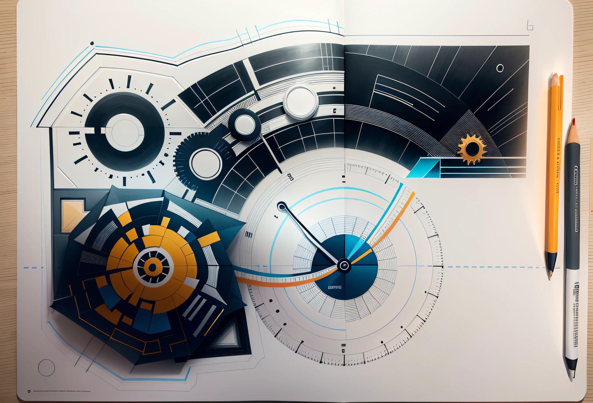 Create a drawing side view using only lines that represents the concept of time, (details matter), Using only the thickness and direction of lines, create an image that shows the passage of time and the fleeting nature of each moment. Consider incorporating symbols like clocks, hourglasses, or sun dials into your drawing, or explore more abstract ways of representing the passage of time. Think about how you can use lines to create a sense of movement and dynamism in your piece, while still accurately reflecting the unrelenting march of time, artistic drawing with dash lines flowing each other, like infinity concept with lines, so much details and 16k quality.