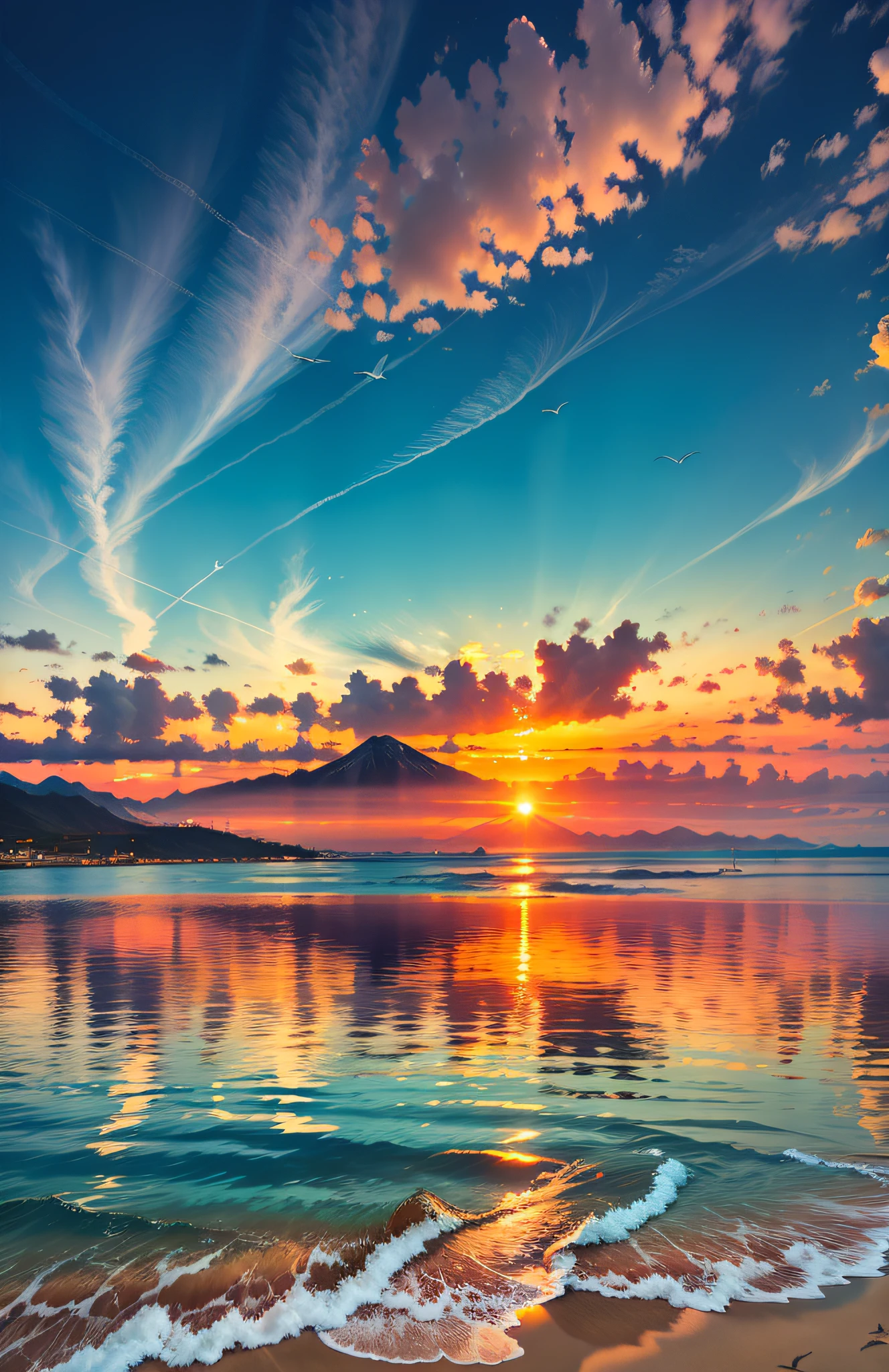 An absolutely mesmerizing sunset over the mountains, with a blend of oranges, pinks, and yellows filling the sky. Crystal-clear waters of the sea gently kissing the mountains, with sandy white beach stretching far and wide. The scene is dynamic and breathtaking, with seagulls soaring high in the sky and gently swaying palm trees. Take in the calming atmosphere and let the peacefulness wash over you.