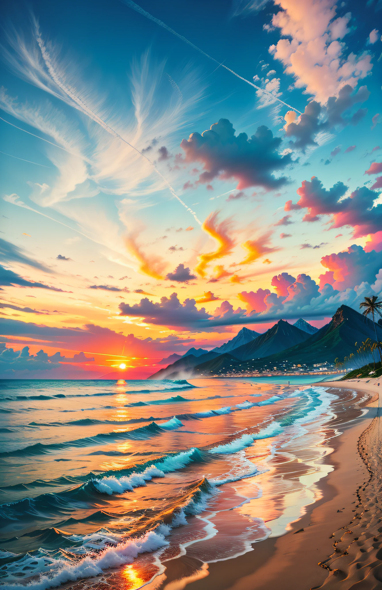 An absolutely mesmerizing sunset over the mountains, with a blend of oranges, pinks, and yellows filling the sky. Crystal-clear waters of the sea gently kissing the mountains, with sandy white beach stretching far and wide. The scene is dynamic and breathtaking, with seagulls soaring high in the sky and gently swaying palm trees. Take in the calming atmosphere and let the peacefulness wash over you.
