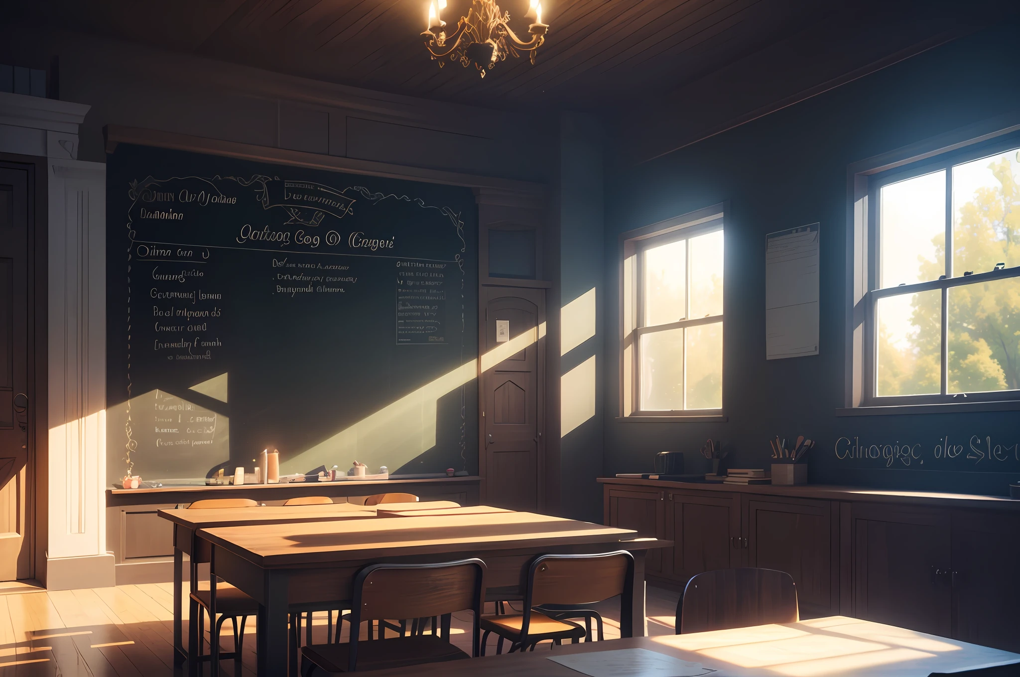 Inside a brightly lit magical classroom on a sunny school day, full of witch artifacts like (witch hats, magic broom, potions, magic wands). A rainbow gleams in the clear sky outside. Magic witchcraft school, The atmosphere is happy and joyous, accentuated by the sparkling decor. (a blackboard with chalk doodles in the back), 8k, hq render, blender, 3d art