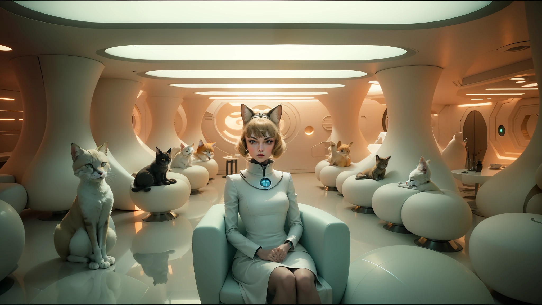 araffes in a futuristic room with a woman sitting on a chair, with cats on her side, taylor swift face, futuristic cloning facility, anthropomorphic fox, commercial shot, cream - colored room, unique style, bun, torus energy, mmo, perfect symmetry, high collar, queen