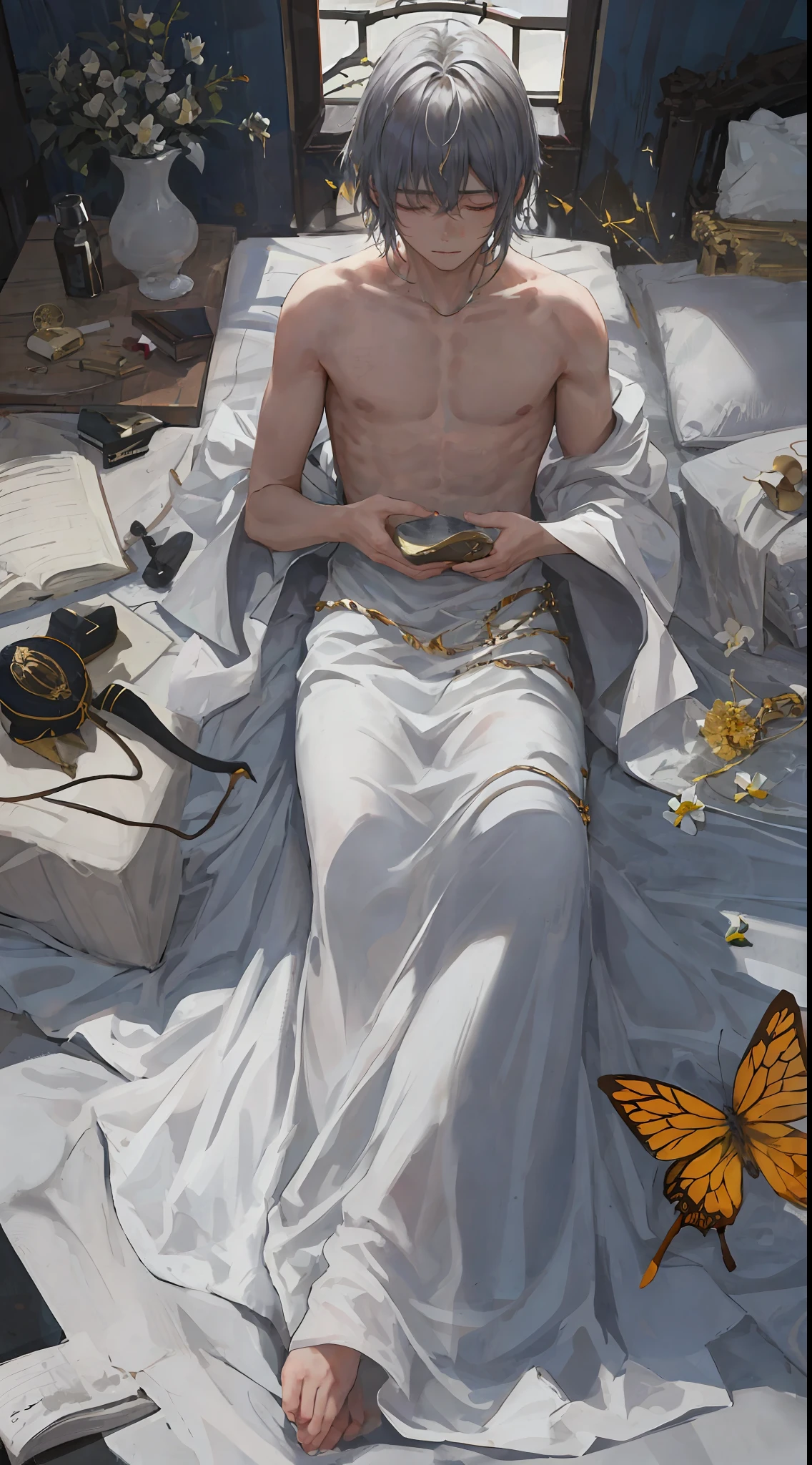 "This text describes the feelings of a man who feels an intense desire for another man. He describes his beloved as one whose presence he longs for as a bee craves the nectar of a flower, and whose eyes shine like diamonds in the darkness. He also describes his voice as a net in which he wants to be trapped, and his scent as the perfume that attracts a butterfly to freedom. This man longs to be with his beloved and describes his soft skin and fresh lips, as well as his seductive hair strands that he wants to caress. Finally, he describes how he seeks the presence of his beloved and longs to delight in its aroma and taste as a lover possessed by ecstasy would."