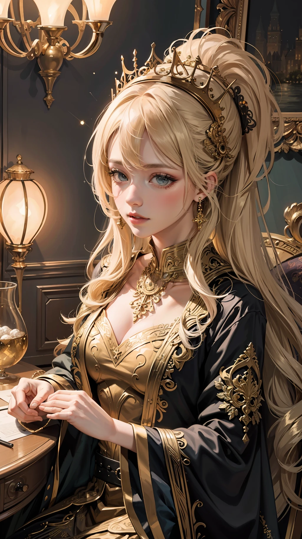 PerfectNwsjMajic,(masterpiece, top quality, best quality, official art, beautiful and aesthetic:1.2), (1girl), extreme detailed,colorful,highest detailed, official art, unity 8k wallpaper, ultra detailed, beautiful and aesthetic, beautiful, masterpiece, best quality, (zentangle, mandala, tangle, entangle) ,holy light,gold foil,gold leaf art,glitter drawing,