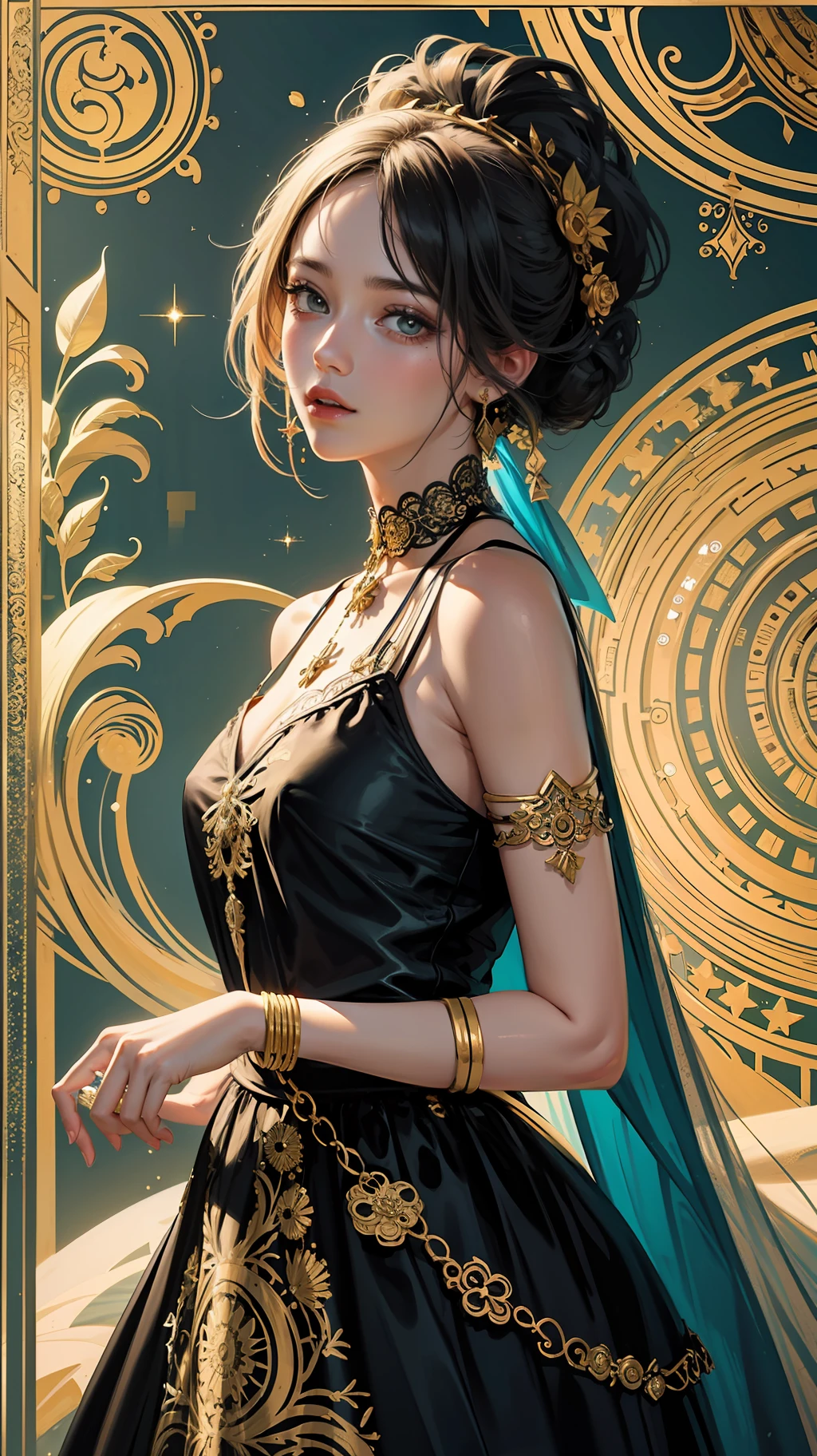 PerfectNwsjMajic,(masterpiece, top quality, best quality, official art, beautiful and aesthetic:1.2), (1girl), extreme detailed,colorful,highest detailed, official art, unity 8k wallpaper, ultra detailed, beautiful and aesthetic, beautiful, masterpiece, best quality, (zentangle, mandala, tangle, entangle) ,holy light,gold foil,gold leaf art,glitter drawing,