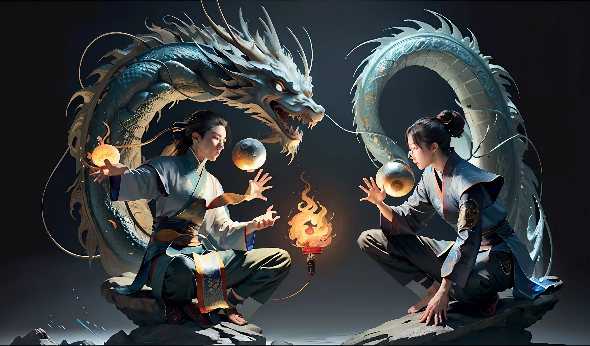 (harmony, balance, yin and yang), Chinese silk painting, Tai Chi principles, fluid movement, interrelated elements, interplay of contrasting forces, Taoist philosophy, touches of the I Ching, warm and cool tones, art of reflection, inspiration by Laozi, Zhuangzi, Yin-Yang Diagram, Tai Chi Diagram, Bagua Diagram, Unity of Spirit and Body, 1 attractive boy, 1 girl, ultra realistic face, highly detailed eyes, Solo, Taoism, Summoning Magic, Movie Lighting, Fire and Ice Split, Bagua Background, Circle Bagua, Yiyang, Taoist Practice, Meditation Sitting, Buddha Sitting, Spiral Dragon, Top Cloud Dragon,