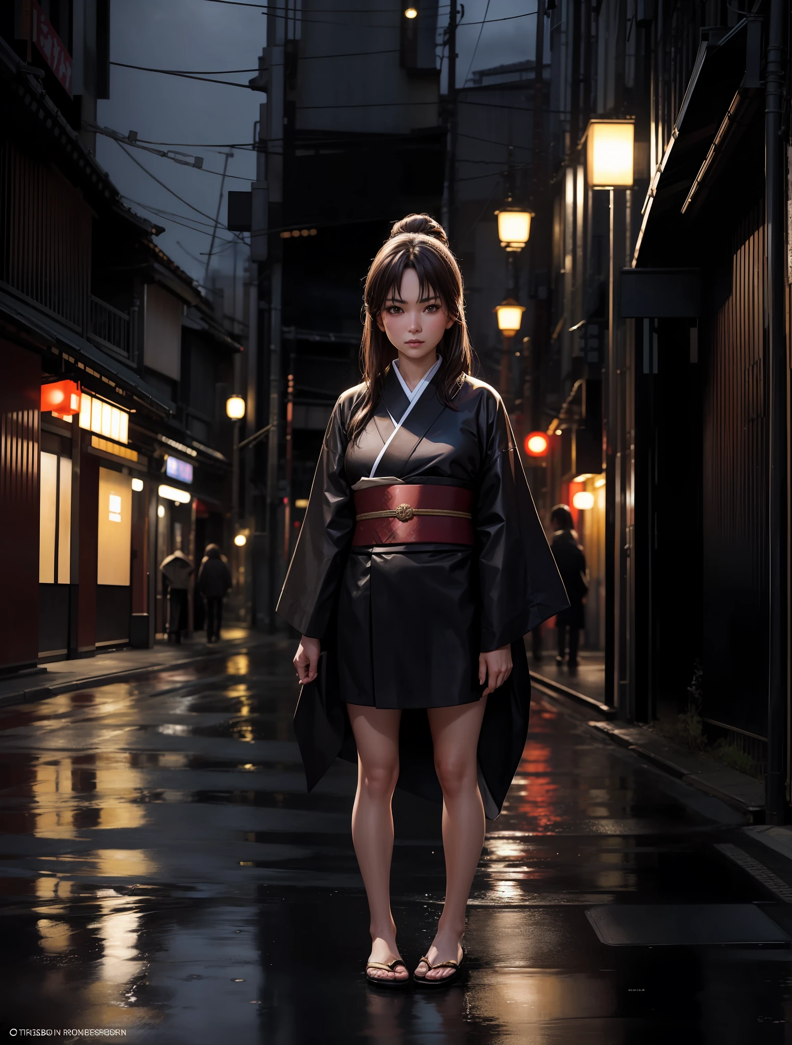Superior Quality, Masterpiece, Ultra High Resolution, (Photorealistic: 1.4), girl, dark kimono, showing legs, brown hair, brown eyes, urban environment, Tokyo, alleys of Tokyo, Japan, night, rain, wet, close