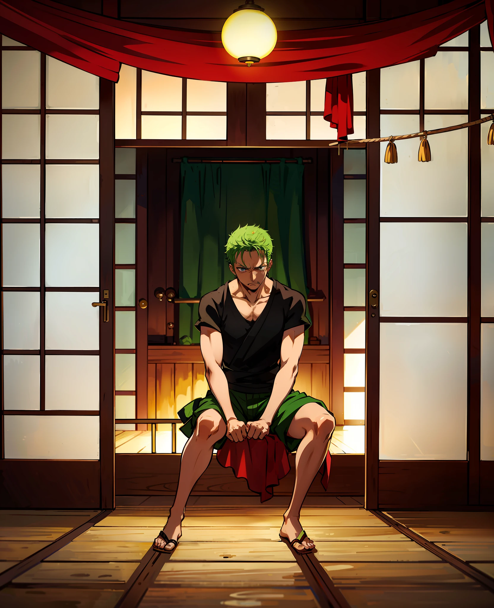 Zoro sits angry alone in dojo, sad, one piece anime style