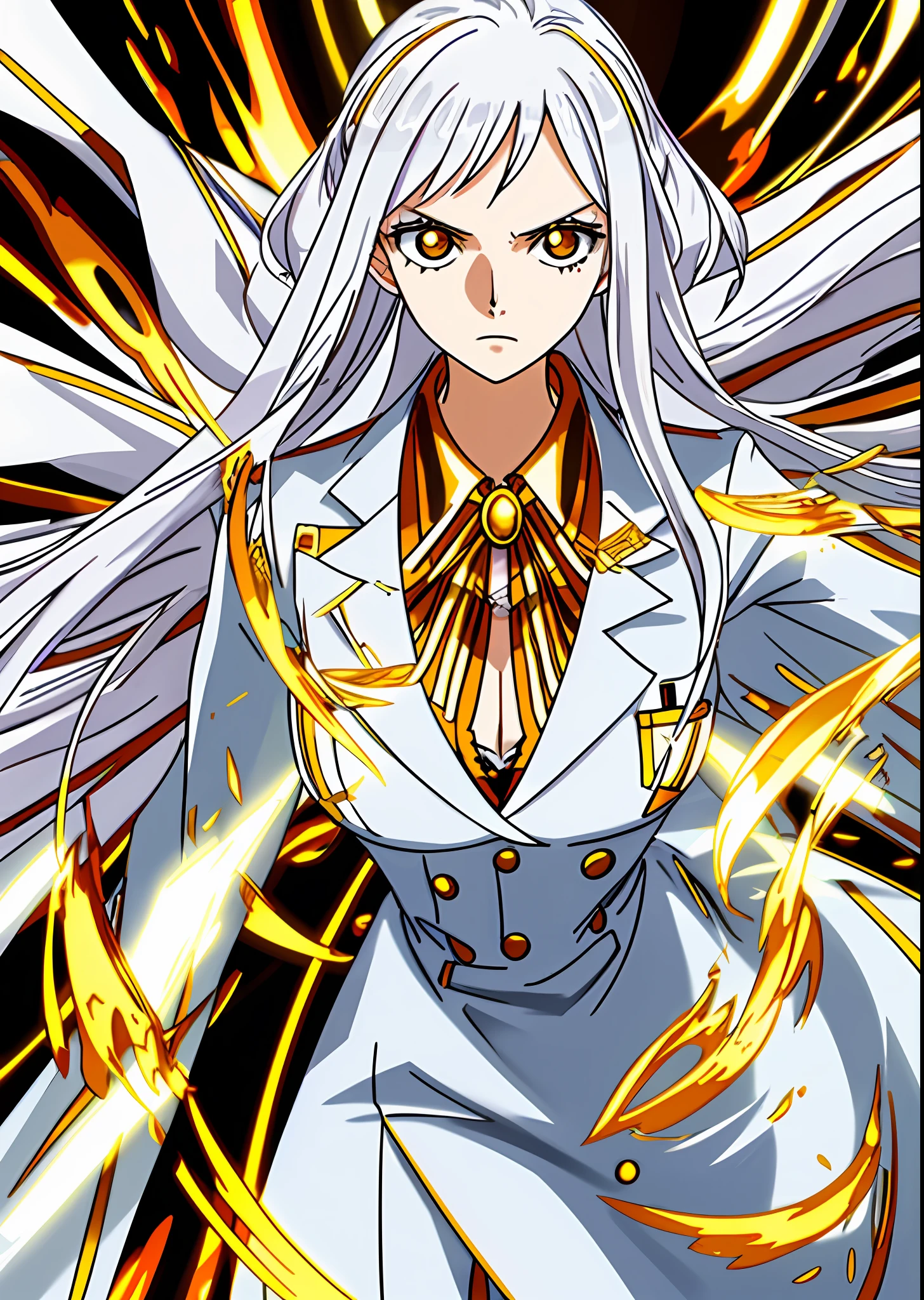 1woman, ((((solo)))), mad scientist, blood, lab coat, crazy, gold, white and gold, white hair, medium breasts, crazy, yandere expression, crazed look, long silver hair, gold trim, molten gold, liquid gold, controlling gold