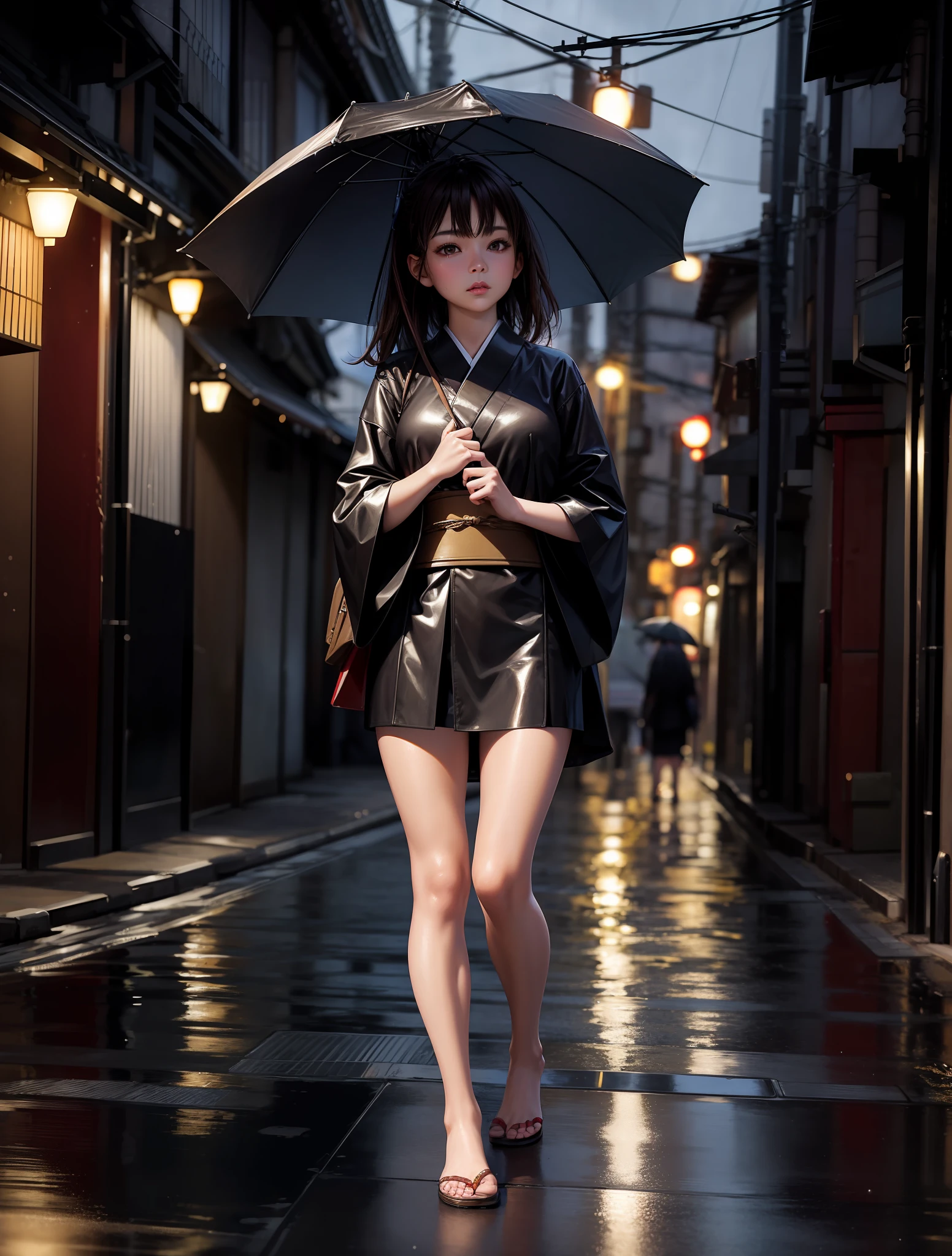 Superior Quality, Masterpiece, Ultra High Resolution, (Photorealistic: 1.4), girl, dark kimono, showing legs, brown hair, brown eyes, urban environment, Tokyo, alleys of Tokyo, Japan, night, rain, wet, close