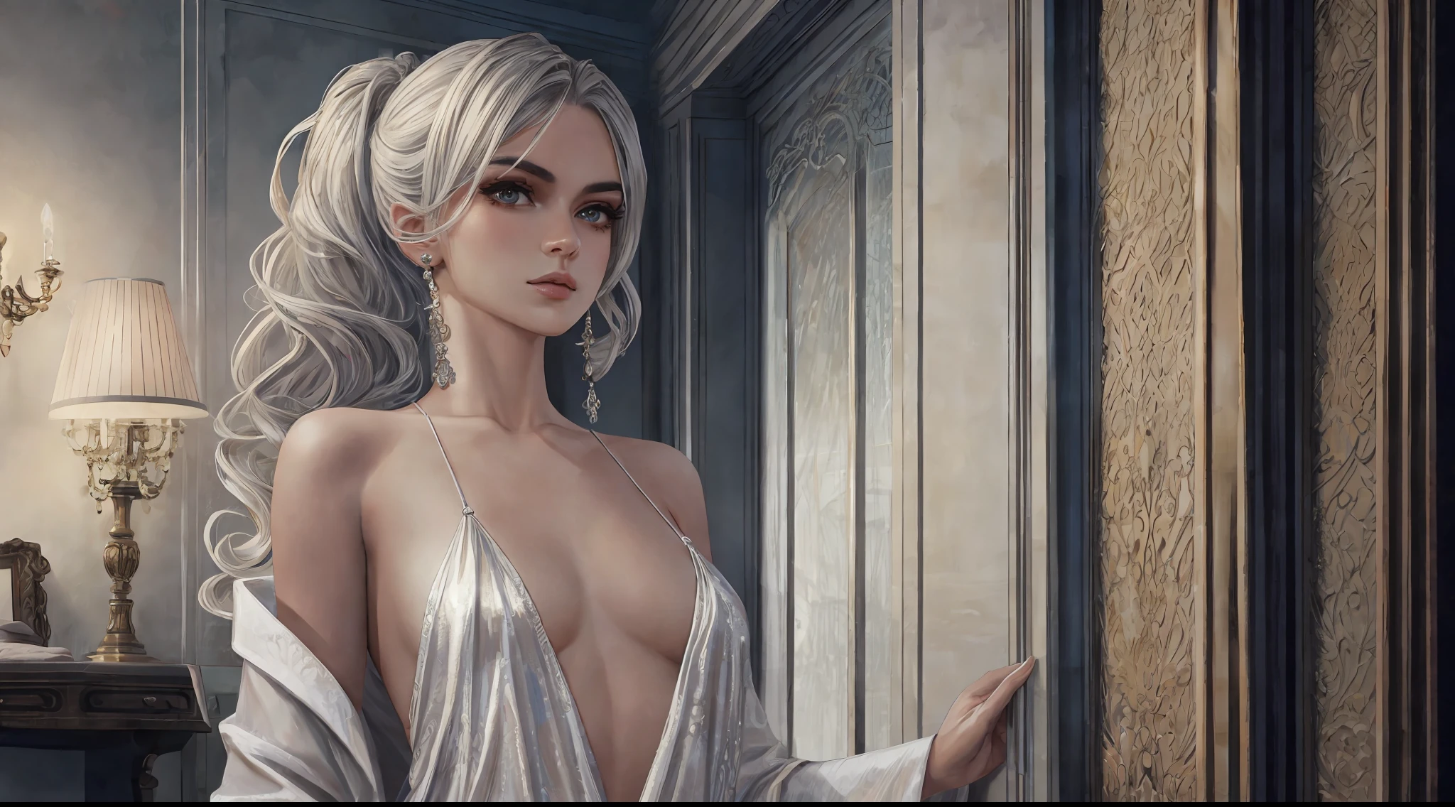 (best quality, masterpiece: 1.2), ultra-high resolution, realistic, front lighting, intricate details, exquisite details and textures, 1girl, solo, (young), face illumination, full body, detailed face, tear mole, white skin, silver hair, ponytail, pigtail hair, looking at the viewer, big eyes, silk robe, (hollow pattern, white, silk), earrings, small breasts, slim body, luxury room, professional lighting, photon display, radio, physical rendering