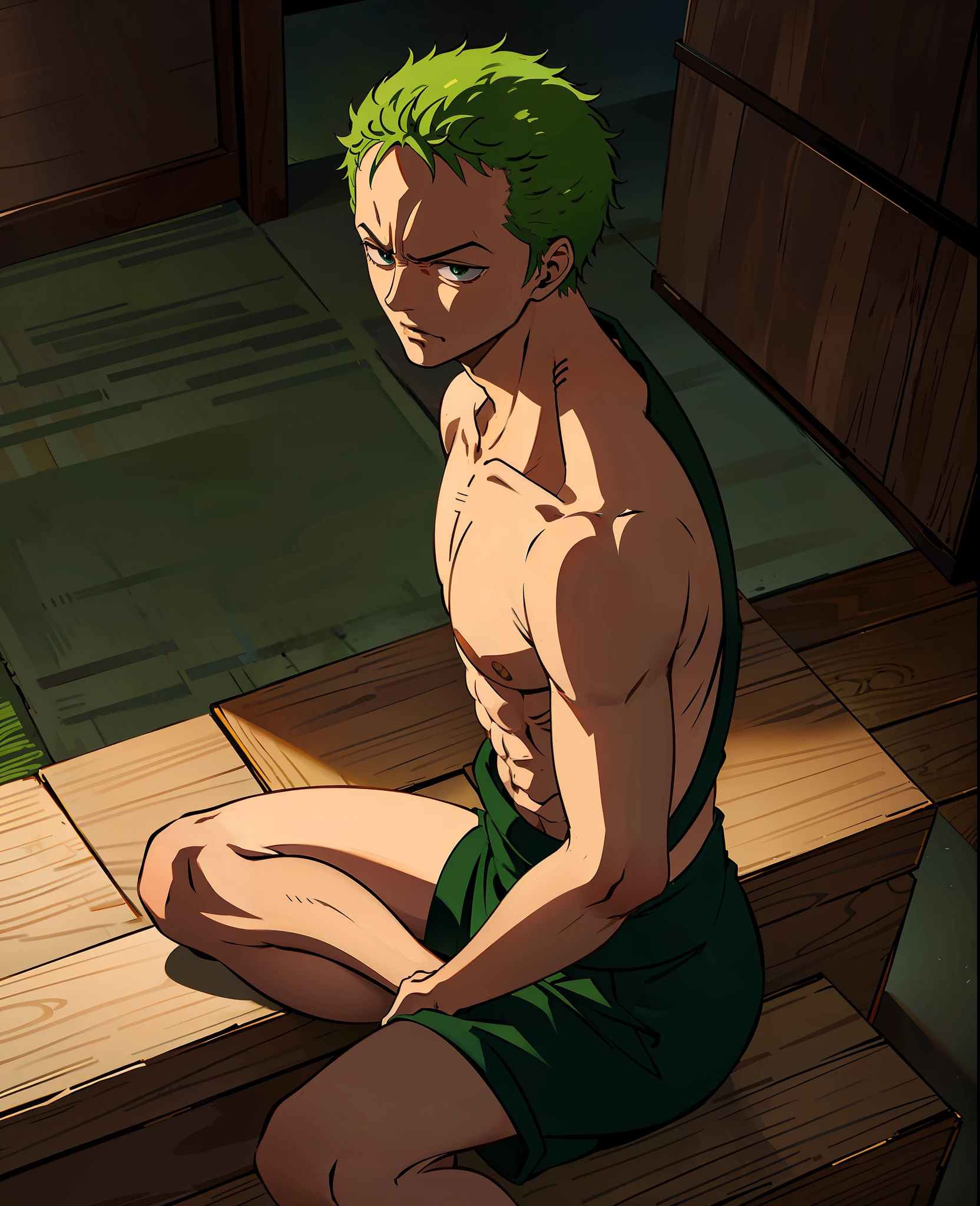 Zoro sits alone in his dojo, sad, one piece anime style