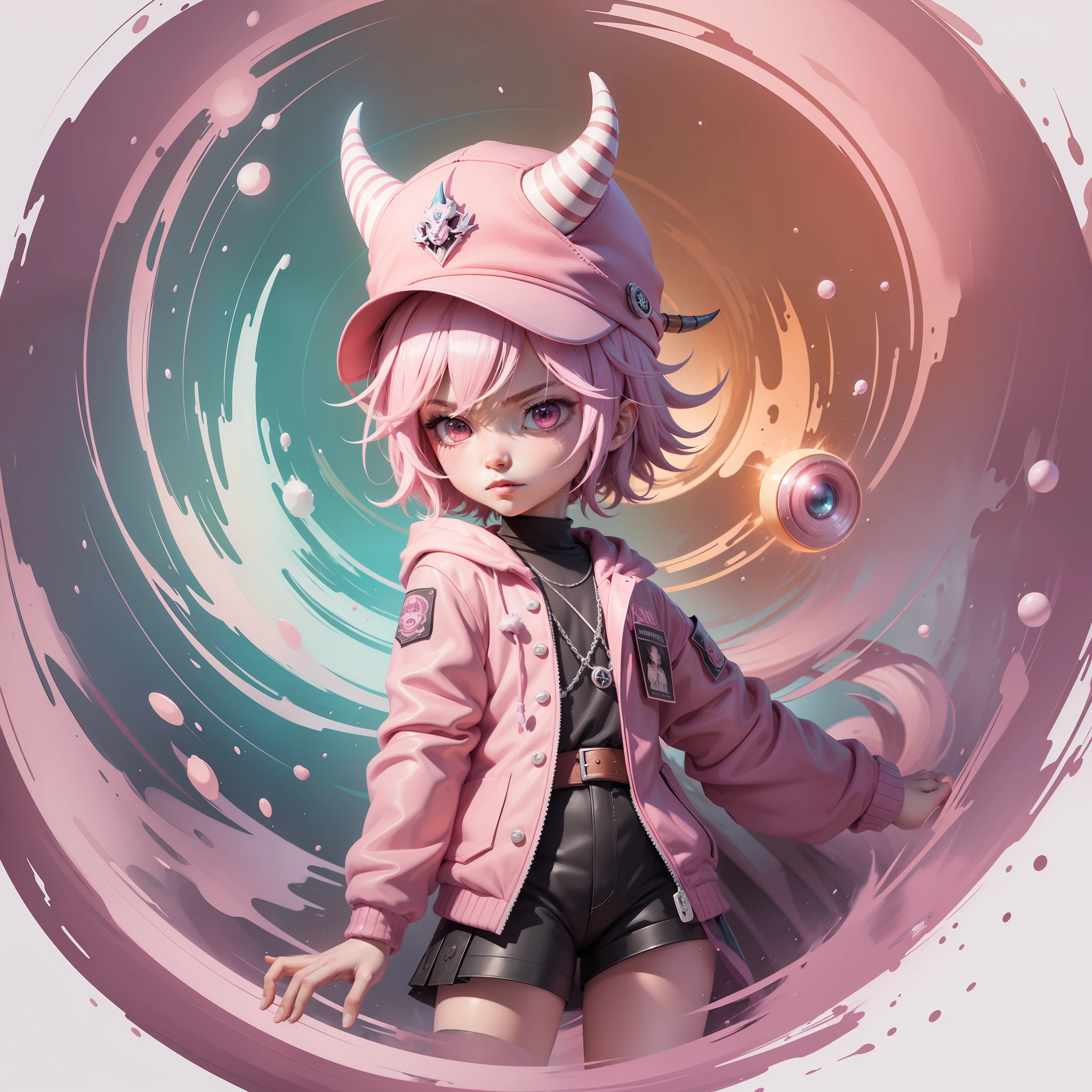 (masterpiece, superior quality, best quality) Unreal Engine 5 .1 , 1 boy, anime character with pink jacket, pink hat and white horns, crouched, pink iconic character, kentaro miura manga art style, high quality fanart, danganronpa digital art, lowres, demon boy, comic art, inspired by Jamie Hewlett, vibrant fan art, anato finnstark!!, official art, high quality colorful sketch
