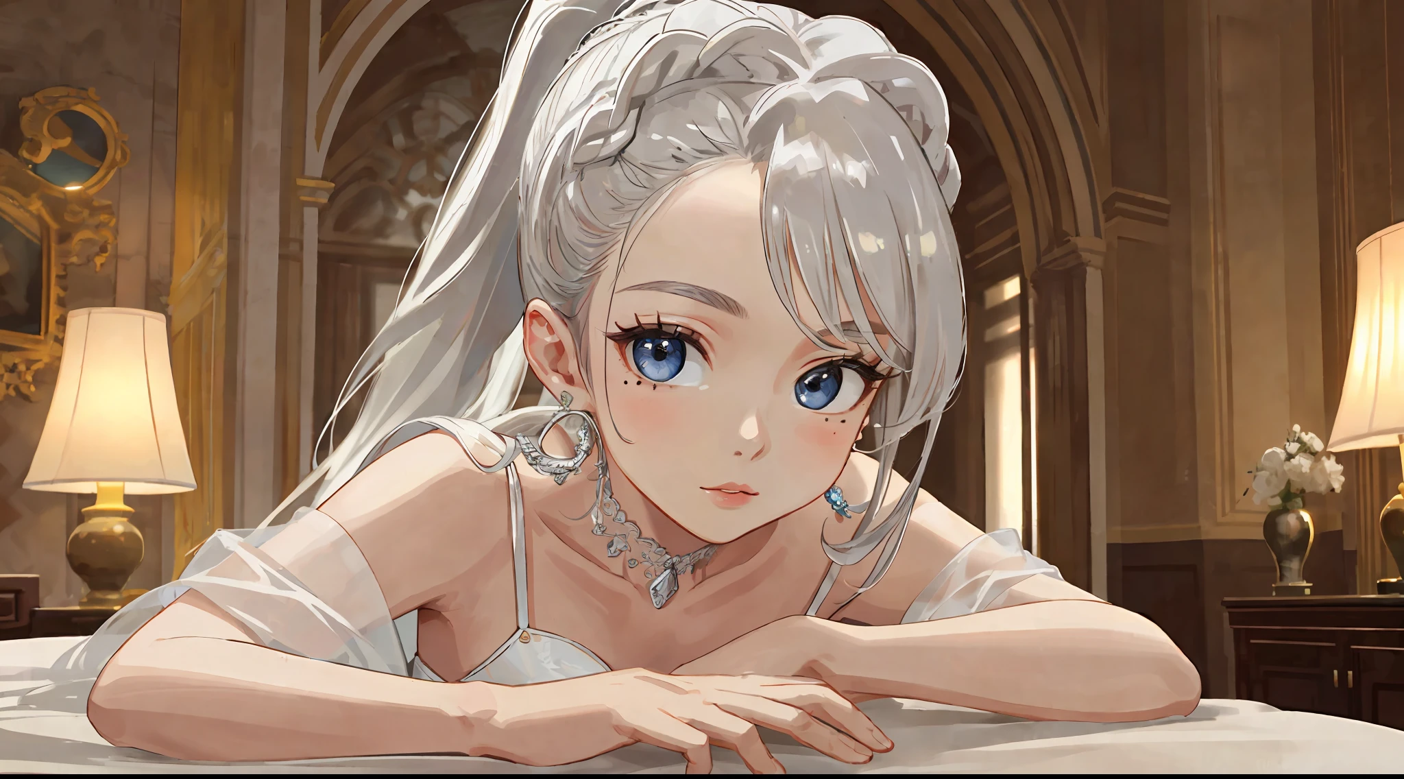 (best quality, masterpiece: 1.2), ultra-high resolution, realistic, front lighting, intricate details, exquisite details and textures, 1girl, solo, (young), face illumination, full body, detailed face, tear mole, white skin, silver hair, ponytail, pigtail hair, looking at the viewer, big eyes, silk robe, (hollow pattern, white, silk), earrings, small breasts, slim body, luxury room, professional lighting, photon display, radio, physical rendering