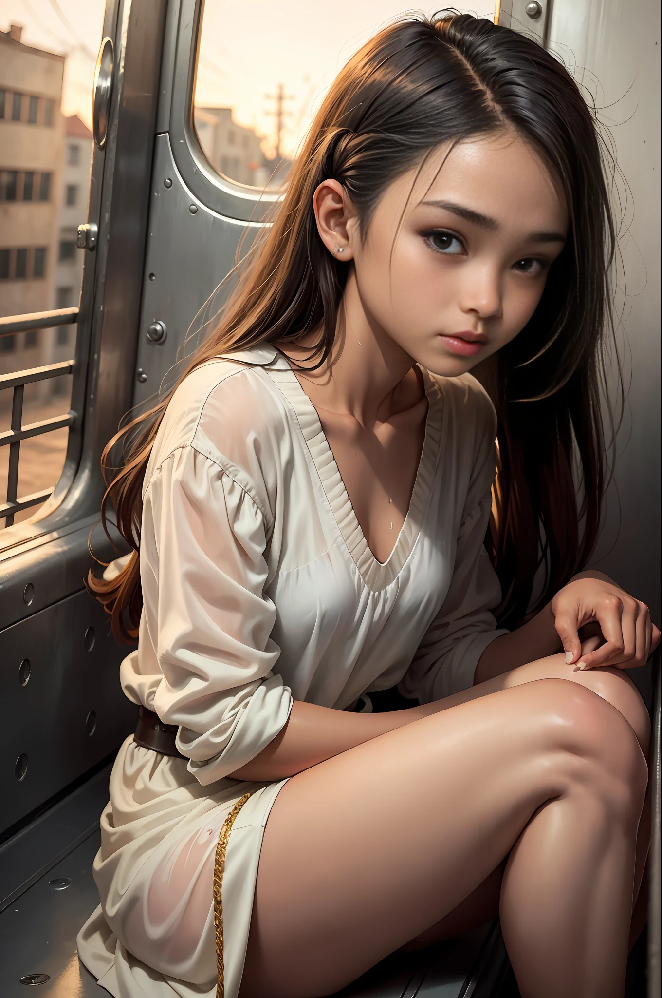 Top quality, full body detail, golden ratio (theatrical lighting: 0.7), masterpiece, spectator angle shot, mouth open, (18-year-old Filipino girl sweaty), looking straight mysteriously happy, camel finger sitting on a crooked train, disheveled hair, (in wet white cotton top), sunset, lush full-length portrait, perfect face, amazing eyes, bright details (very detailed skin), accent lighting,  depth of field, old camera, conscious, digital grain, war photography, dogs perspective perspective photoshoot, bottom-up