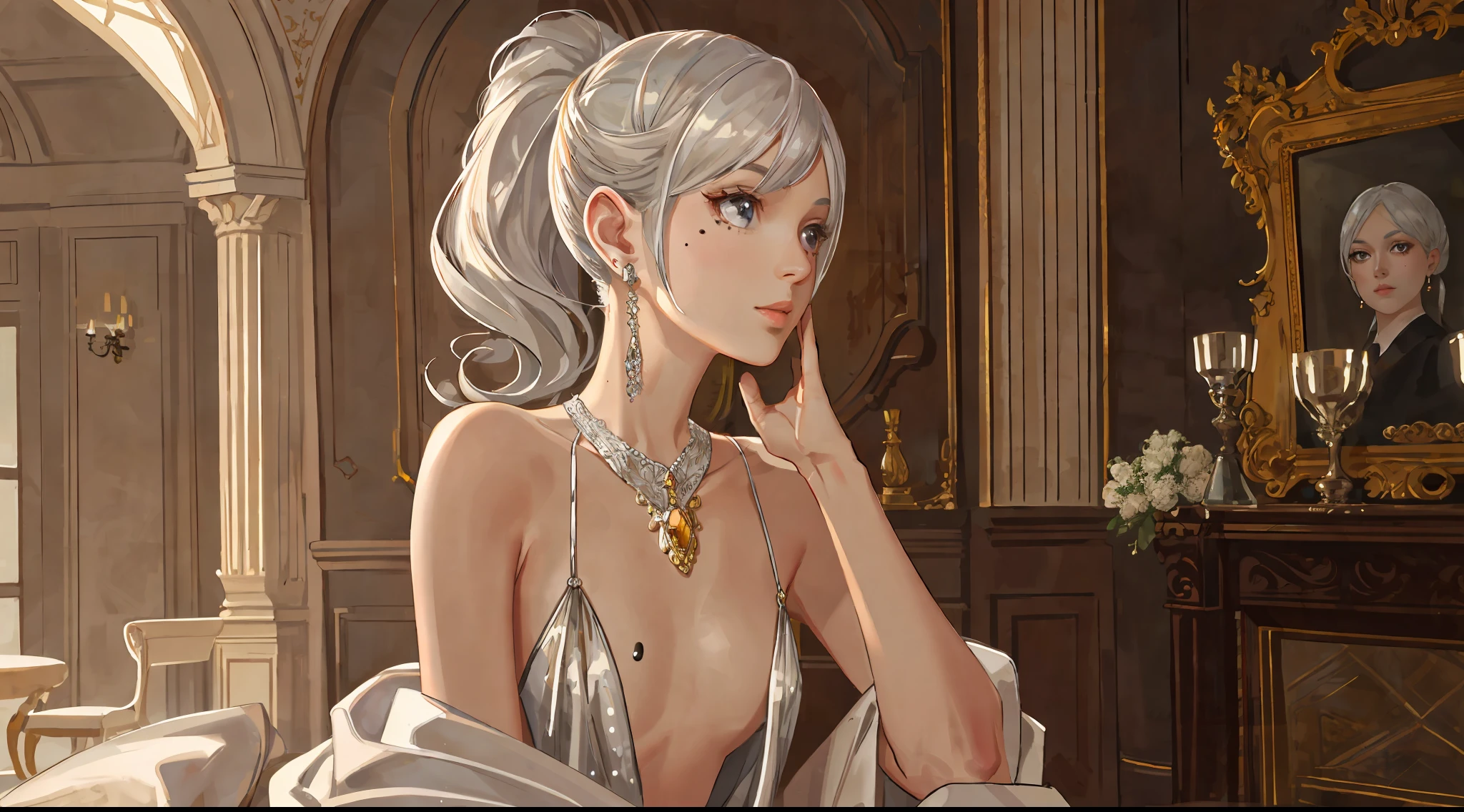 (best quality, masterpiece: 1.2), ultra-high resolution, realistic, front lighting, intricate details, exquisite details and textures, 1girl, solo, (young), face illumination, full body, detailed face, tear mole, white skin, silver hair, ponytail, pigtail hair, looking at the viewer, big eyes, silk robe, (hollow pattern, white, silk), earrings, small breasts, slim body, luxury room, professional lighting, photon display, radio, physical rendering