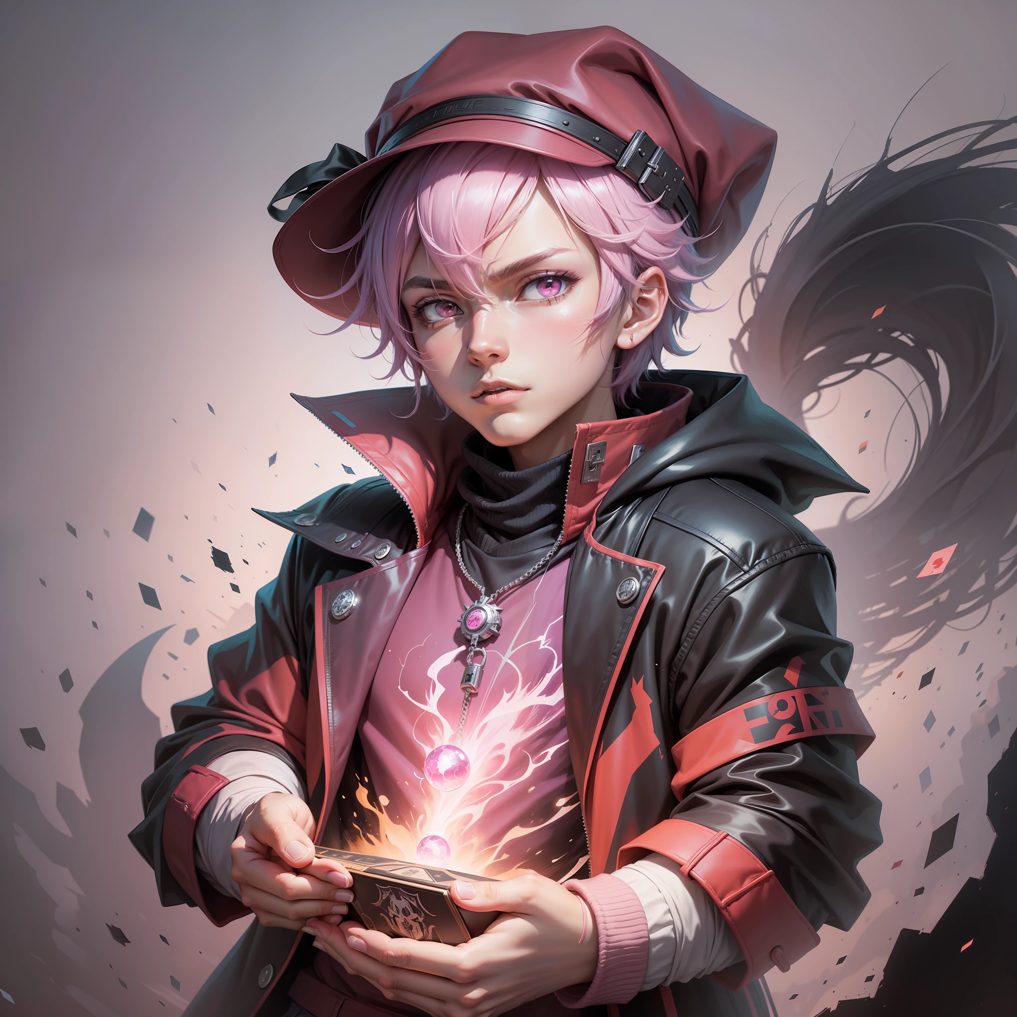 (masterpiece, superior quality, best quality) Unreal Engine 5 .1 , 1 boy, anime character with pink jacket, pink hat and white horns, crouched, pink iconic character, kentaro miura manga art style, high quality fanart, danganronpa digital art, lowres, demon boy, comic art, inspired by Jamie Hewlett, vibrant fan art, anato finnstark!!, official art, high quality colorful sketch
