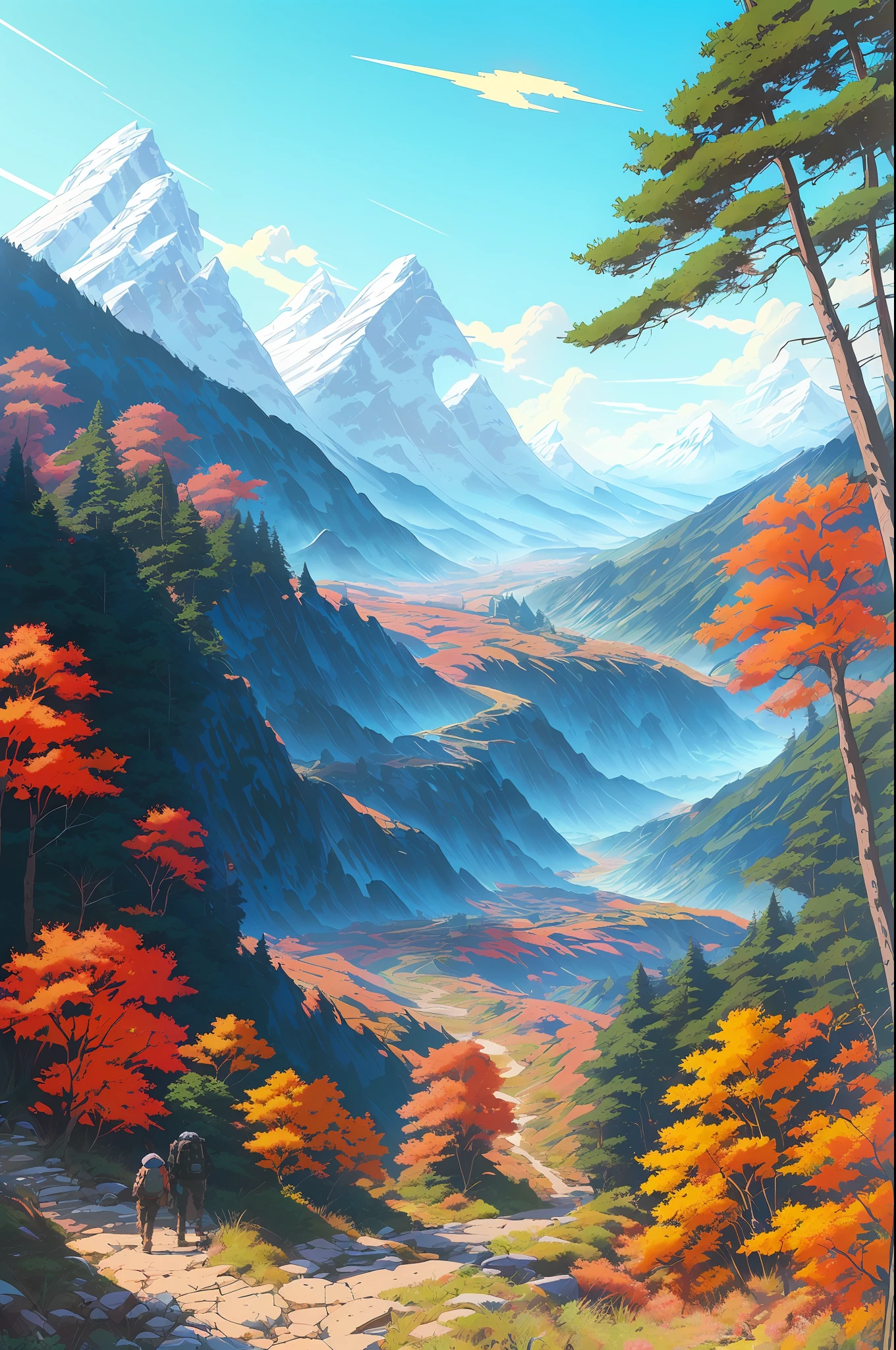 Realistic, real life, beautiful hiking trail with background by greg rutkowski, style of laurie greasley, studio ghibli, akira toriyama, james gilleard, genshin impact, trending pixiv fanbox, acrylic palette knife, 4k, (vibrant colors), (highly saturated), devinart, trending on artstation