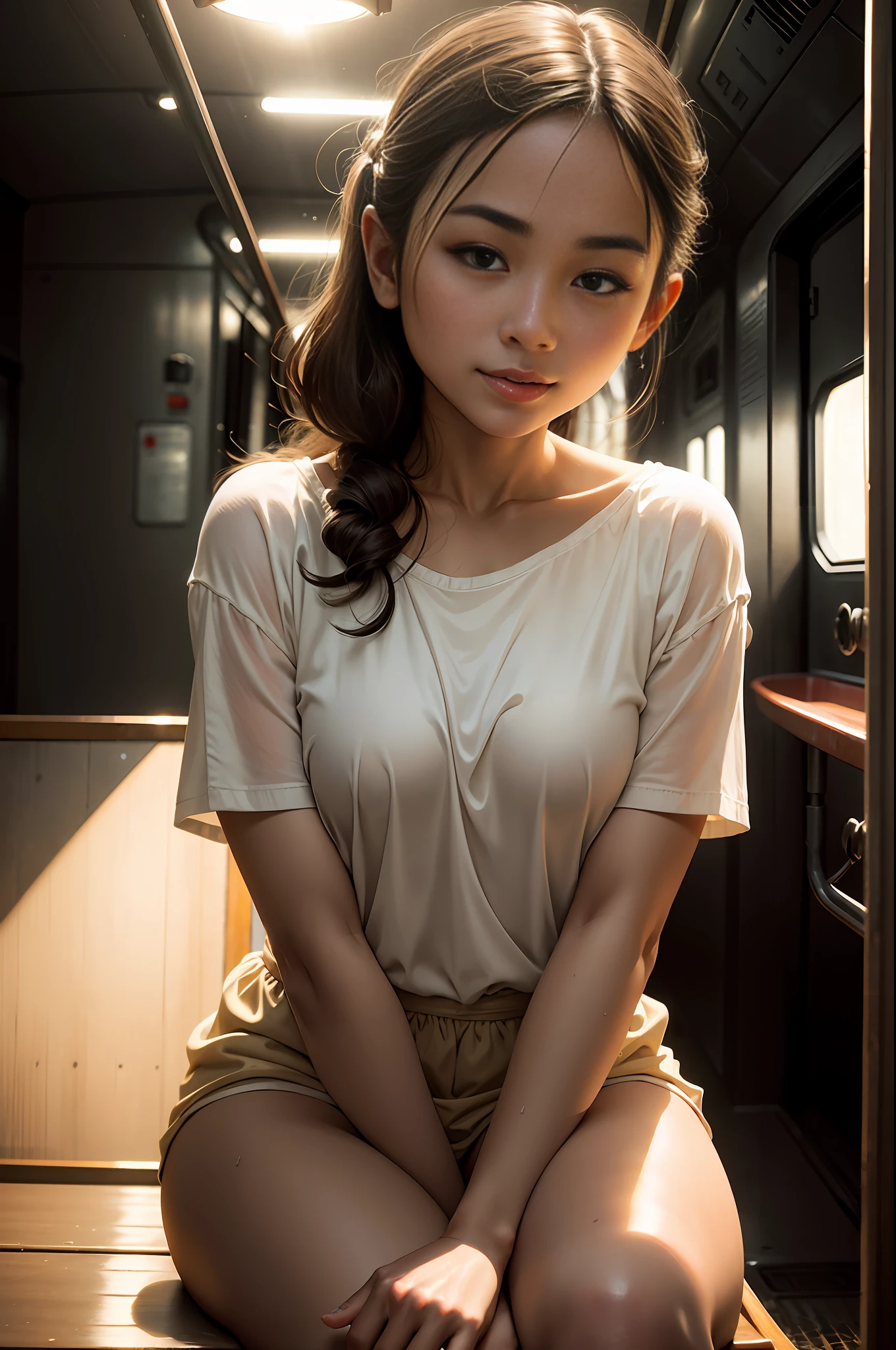 Top quality, full body detail, golden ratio (theatrical lighting: 0.7), masterpiece, spectator angle shot, mouth open, (23-year-old Filipino girl sweaty), straight looking mysteriously happy, camel ringer sitting on a crooked train, tousled hair, (in wet white cotton top), sunset, lush full body portrait, perfect face, amazing eyes, bright details (very detailed skin), accent lighting, depth of field, old camera, Consciousness, Digital Grit, War Photography, Dog Perspective Photo Shoot, Bottom to Top